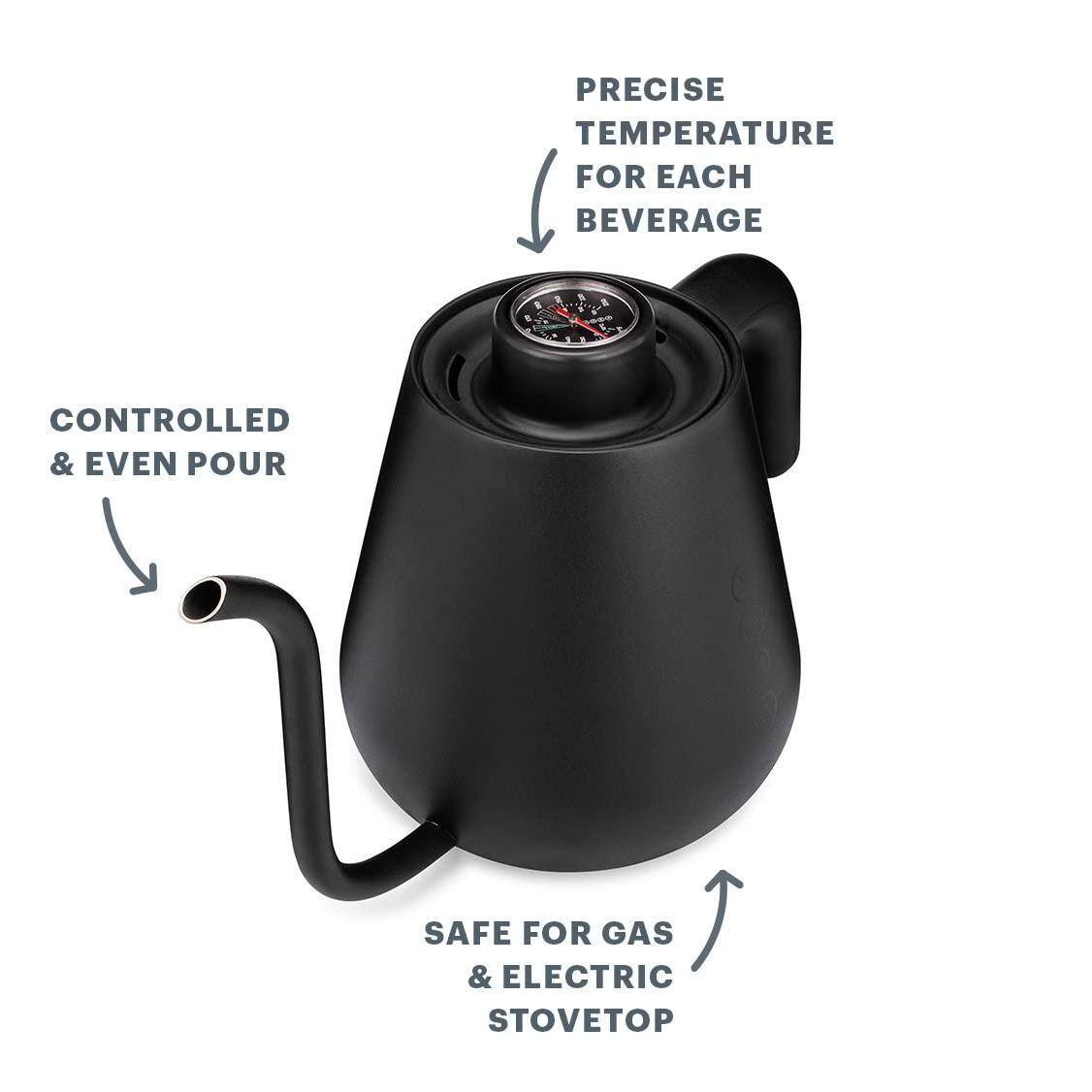 - Precise temperature for each beverage
- Controlled & even pour
- Safe for gas & electric stovetop