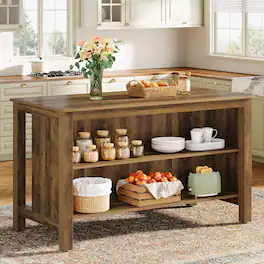 Tribesigns - 59.1-Inch Farmhouse Kitchen Island with Large Worktop and 3-Tier Storage for Kitchen or Dining Room - Rustic Brown