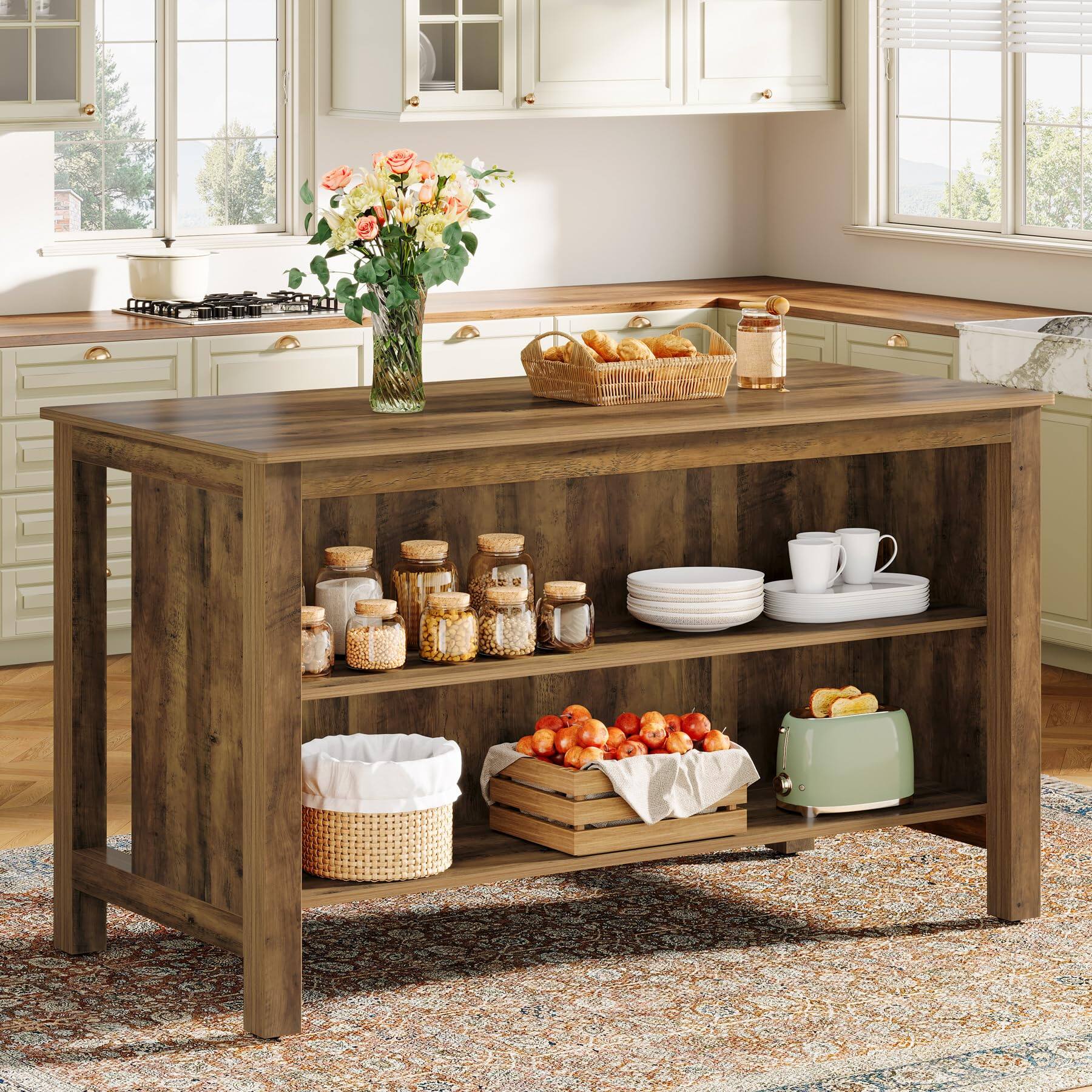 Tribesigns - 59.1-Inch Farmhouse Kitchen Island with Large Worktop and 3-Tier Storage for Kitchen or Dining Room - Rustic Brown