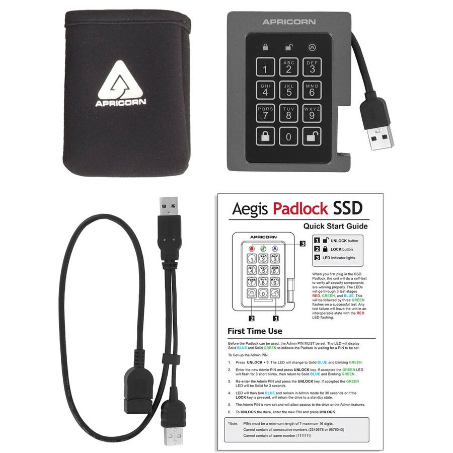 **Aegis Padlock SSD Quick Start Guide**

**APRICORN**

**1. UNLOCK button**  
**2. LOCK button**  
**3. LED indicator lights**

When you first plug in the SSD Padlock, the unit will go through a self-test to verify that all security components are working properly. The LEDs will go through three steps:  
1. RED  
2. GREEN  
3. GREEN flashes  

If the self-test fails, the unit will leave the unit in an interoperable state with the RED LED.

**First Time Use**

Before the Padlock can be used, the Admin PIN MUST be set. The LED will display BLUE and SOLID GREEN in Idle state. To set the Admin PIN:  
1. Enter the default Admin PIN (123456) and press the UNLOCK key. The LED will change to SOLID BLUE and Blinking GREEN.  
2. Enter the new Admin PIN and press the UNLOCK key. The LED will be SOLID GREEN.  
3. Re-enter the new Admin PIN and press the UNLOCK key. The LED will be SOLID GREEN for 3 seconds.  
4. The LED will turn BLUE and remain in Admin mode for 30 seconds or if the
