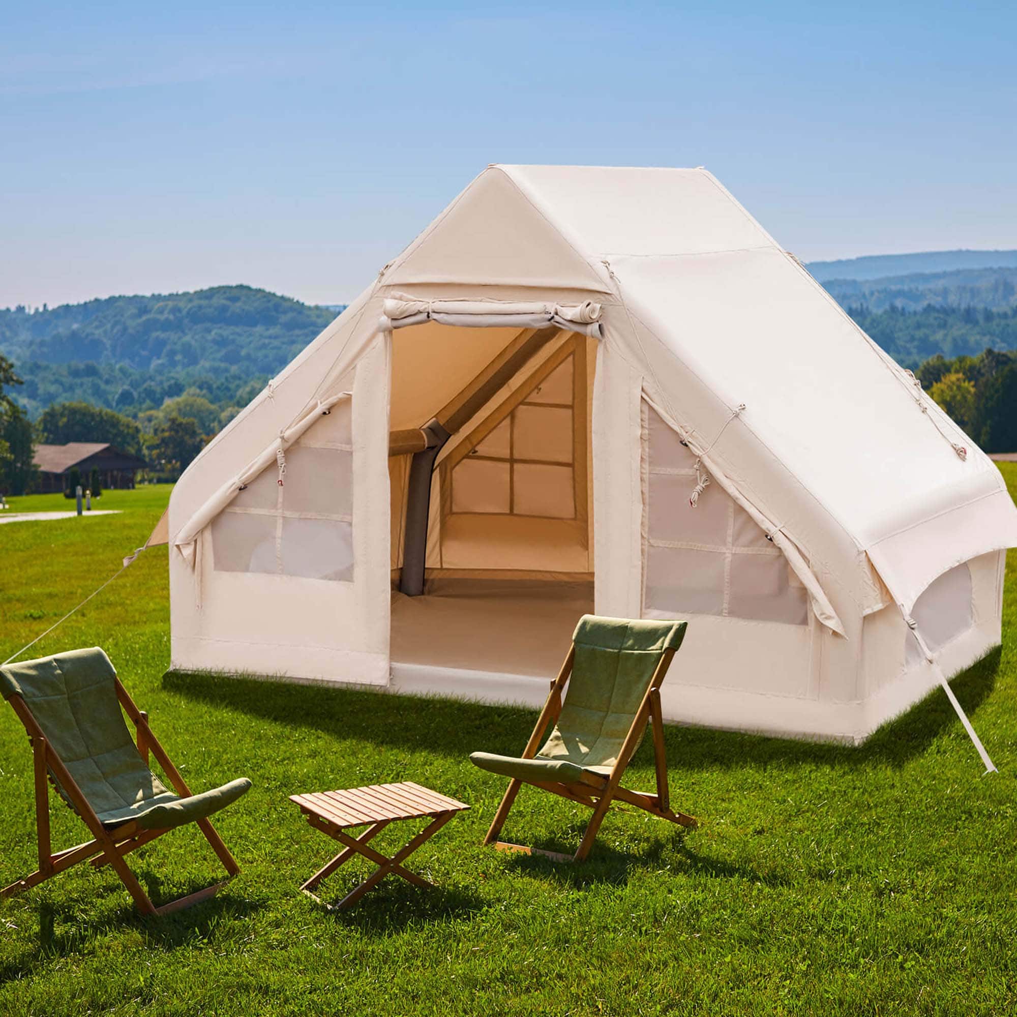 Angle. Costway - Inflatable Camping Tent 2-6 People Cotton Glamping Tent for Family Camping - Beige.