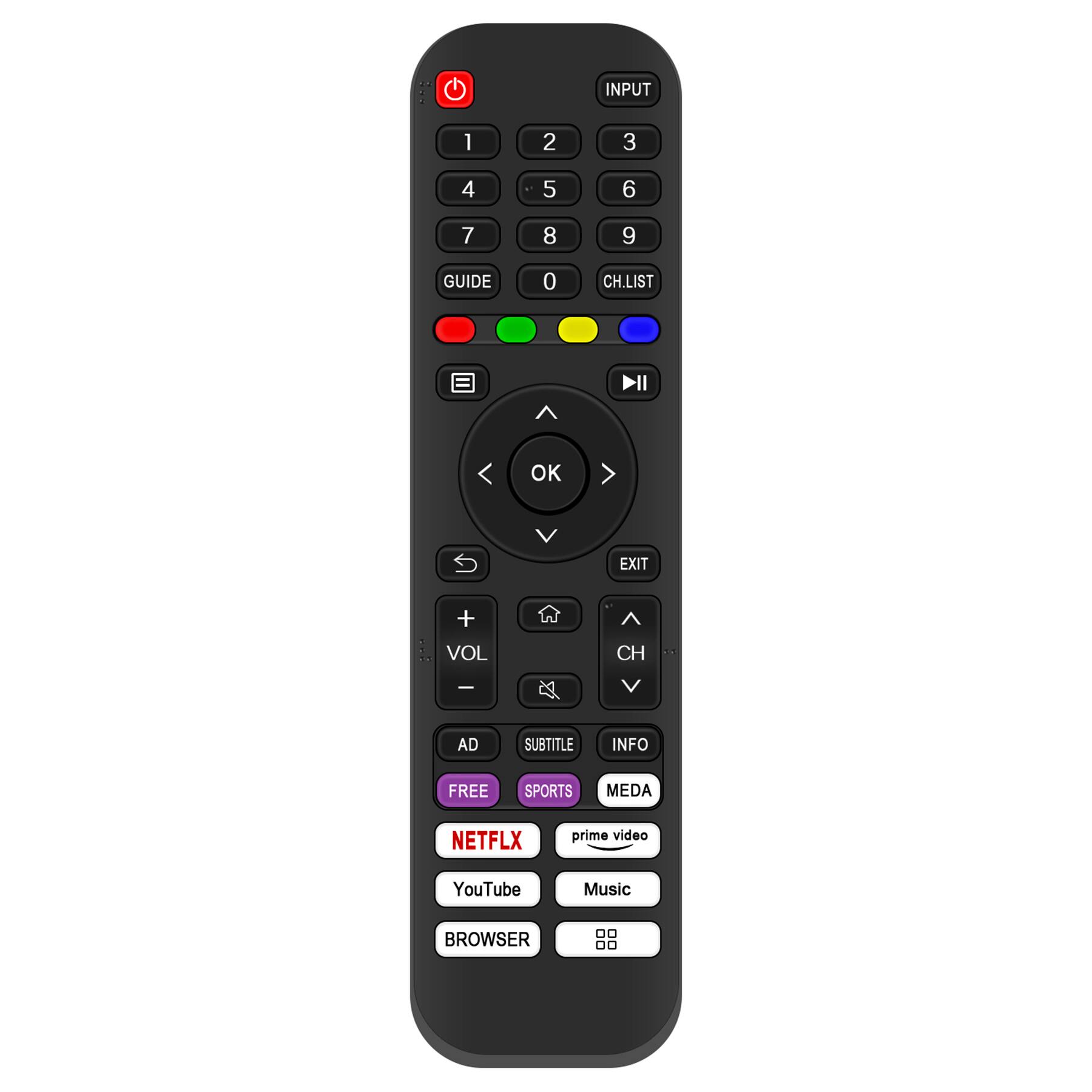 INPUT 1 2 3 4 5 6 7 8 9 0 GUIDE CH.LIST OK EXIT VOL CH + - AD SUBTITLE INFO FREE SPORTS MEDIA NETFLX prime video YouTube Music BROWSER