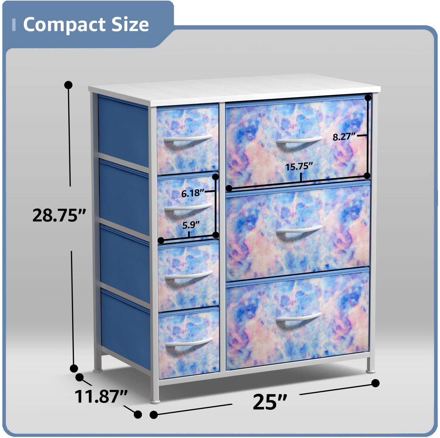 Compact Size

- Height: 28.75"
- Width: 25"
- Depth: 11.87"
- Drawer Height: 6.18"
- Drawer Width: 15.75"
- Drawer Depth: 5.9"
- Drawer Height: 8.27"