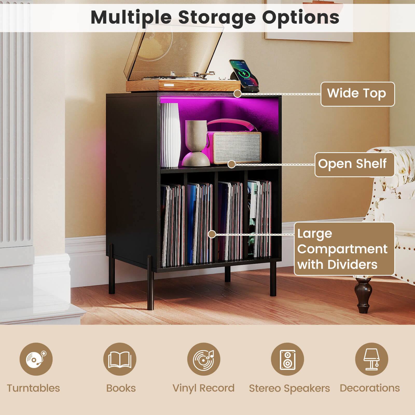 Multiple Storage Options  
- Wide Top  
- Open Shelf  
- Large Compartment with Dividers  

Turntables  
Books  
Vinyl Record  
Stereo Speakers  
Decorations