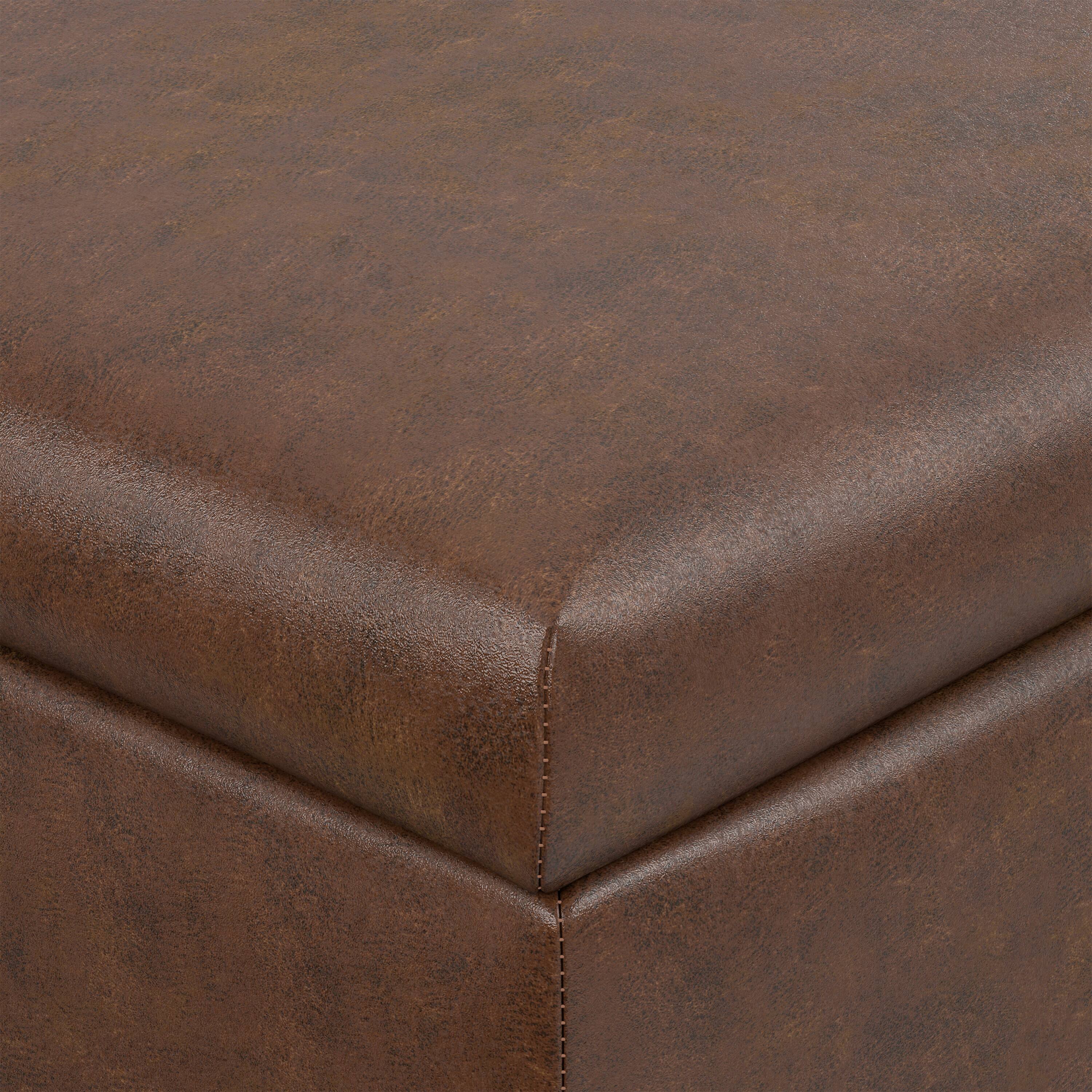 Alt View 4. Simpli Home - Gabbie 36 inch Wide Square Coffee Table Storage Ottoman in Distressed Chestnut Brown Vegan Leather - Distressed Chestnut Brown.