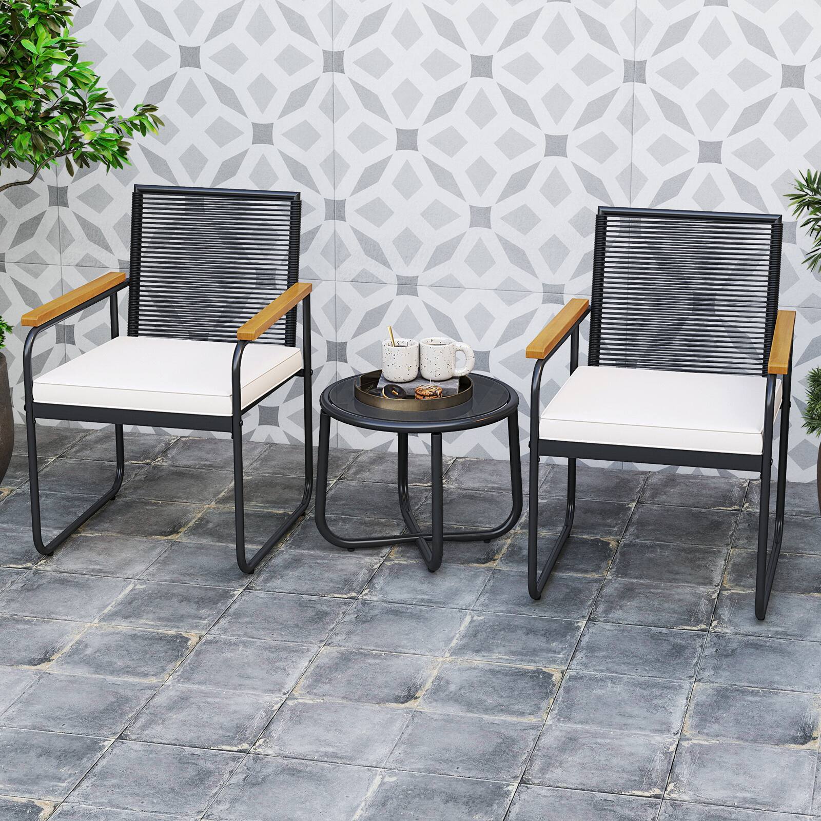 Alt View 1. Gymax - Gymax 3 Pieces Patio Furniture Set PE Wicker Chairs & Side Table w/Armrests Padded Cushions - White.