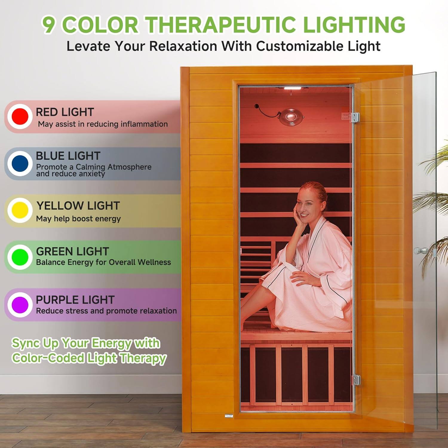 9 COLOR THERAPEUTIC LIGHTING  
Levate Your Relaxation With Customizable Light  

RED LIGHT  
May assist in reducing inflammation  

BLUE LIGHT  
Promote a Calming Atmosphere and reduce anxiety  

YELLOW LIGHT  
May help boost energy  

GREEN LIGHT  
Balance Energy for Overall Wellness  

PURPLE LIGHT  
Reduce stress and promote relaxation  

Sync Up Your Energy with Color-Coded Light Therapy