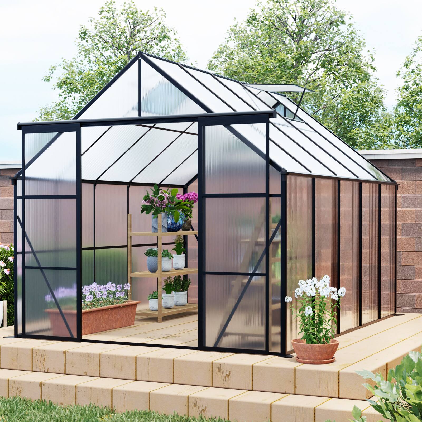 Angle. TinyHomie - 8x10FT Double Door Polycarbonate Greenhouse Raised Base and Anchor Aluminum Heavy Duty Walk-in Greenhouses in All Season.