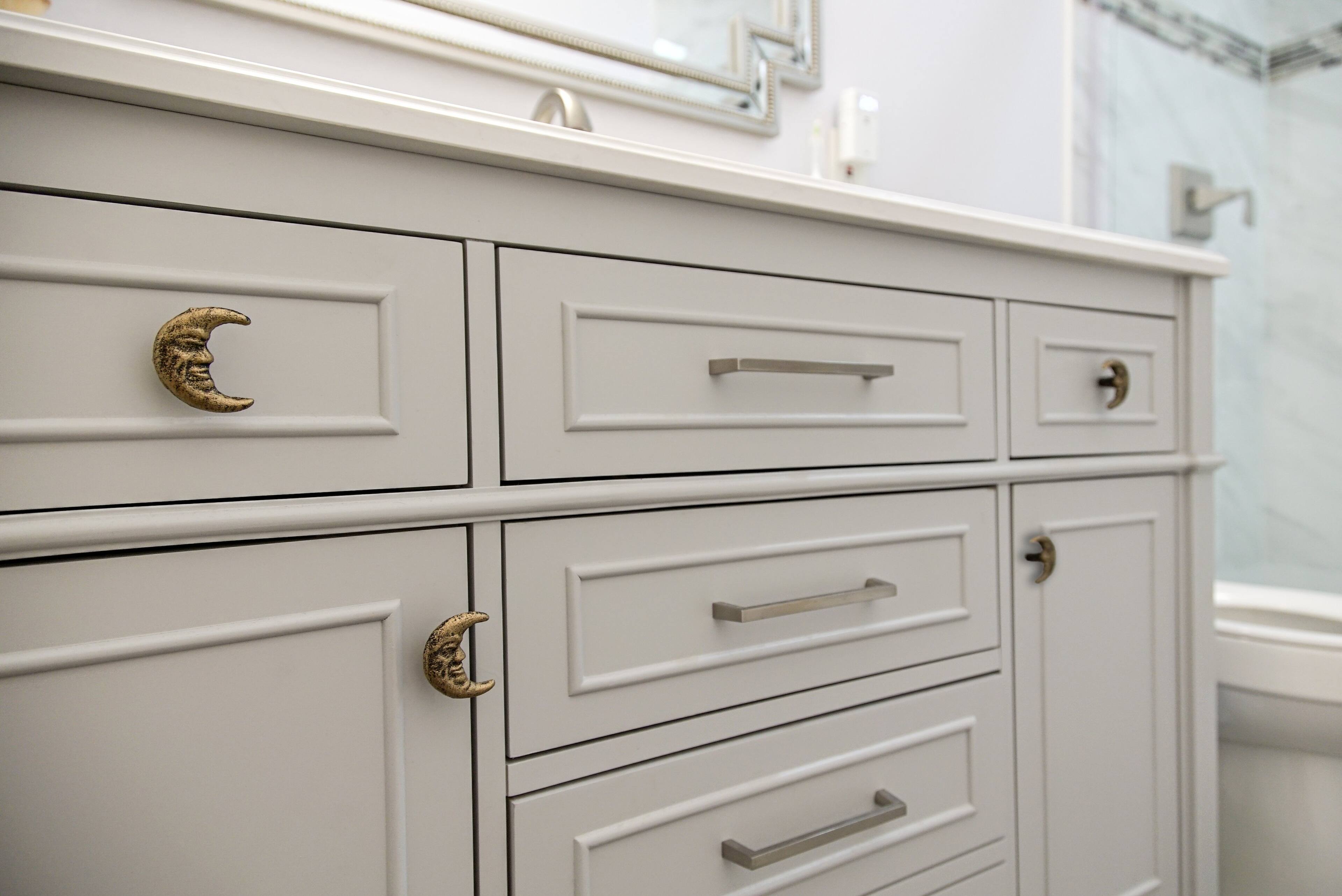 Alt View 7. Zeckos - Set of 6 Gold Cast Iron Crescent Moon Face Drawer Pulls Decorative Cabinet Knobs - Gold.