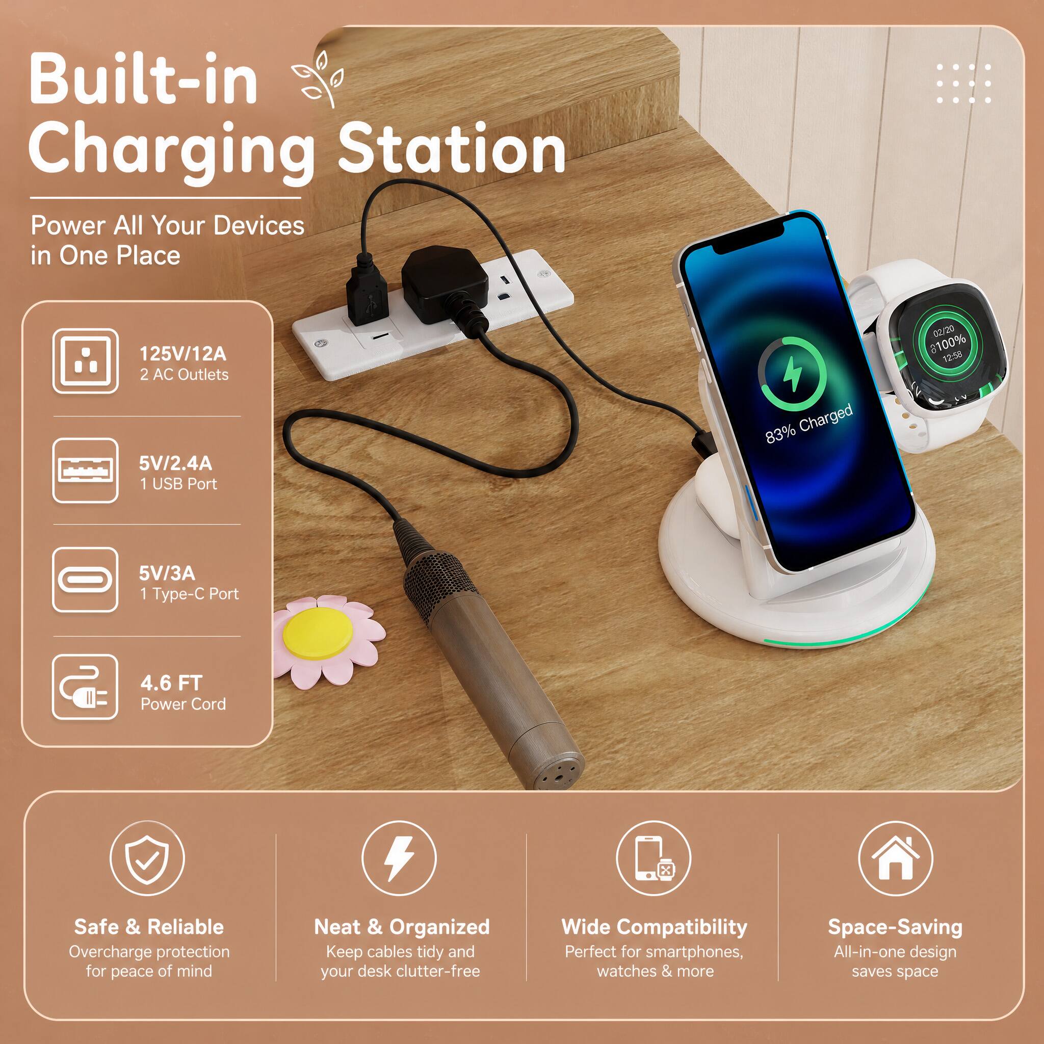 Built-in Charging Station  
Power All Your Devices in One Place

125V/12A  
2 AC Outlets  
5V/2.4A  
1 USB Port  
5V/3A  
1 Type-C Port  
4.6 FT Power Cord

Safe & Reliable  
Overcharge protection for peace of mind

Neat & Organized  
Keep cables tidy and your desk clutter-free

Wide Compatibility  
Perfect for smartphones, watches & more

Space-Saving  
All-in-one design saves space