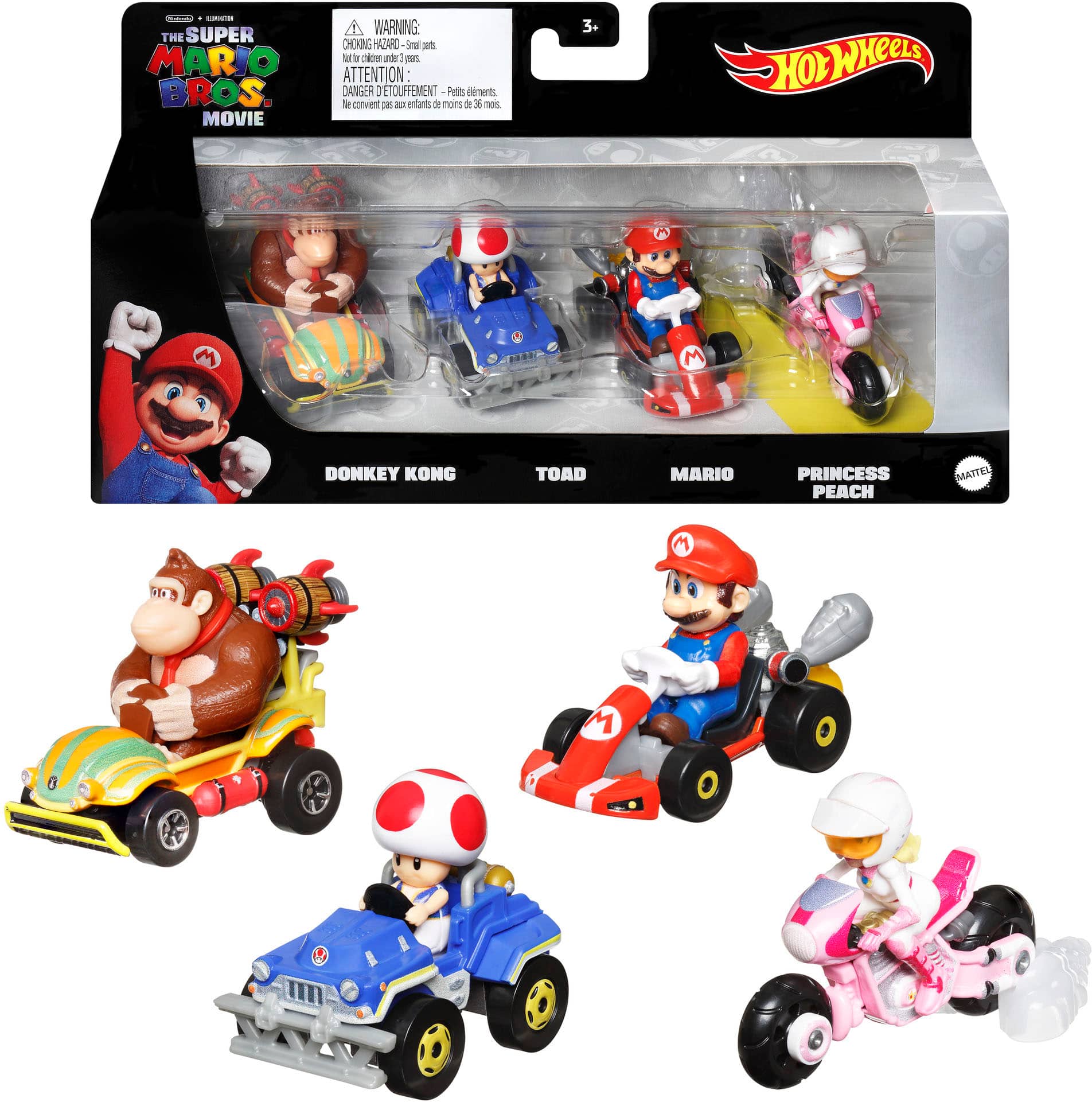 The Super Mario Bros. Movie toy set is a collection of toy vehicles and figures, including a car, a motorcycle, and a boat. The set is designed for children and is intended to be a fun and engaging play experience. The toys are made of plastic and are suitable for children of all ages. The set is packaged in a box, which includes a warning label to ensure the safety of the child while playing with the toys. The toy set is a great addition to any child's toy collection and can provide hours of entertainment.