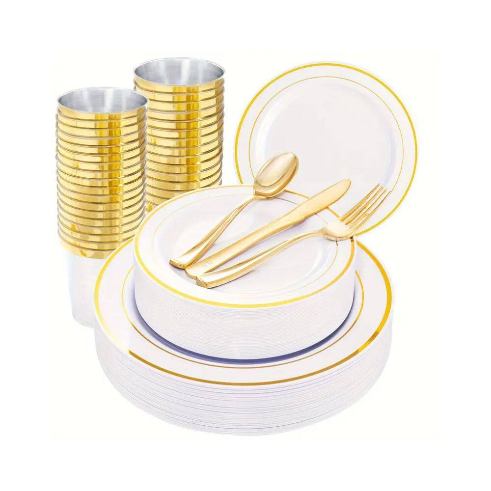 Front. Pacoar Cade - 150 Pieces Golden Dinnerware Set - White and Gold.