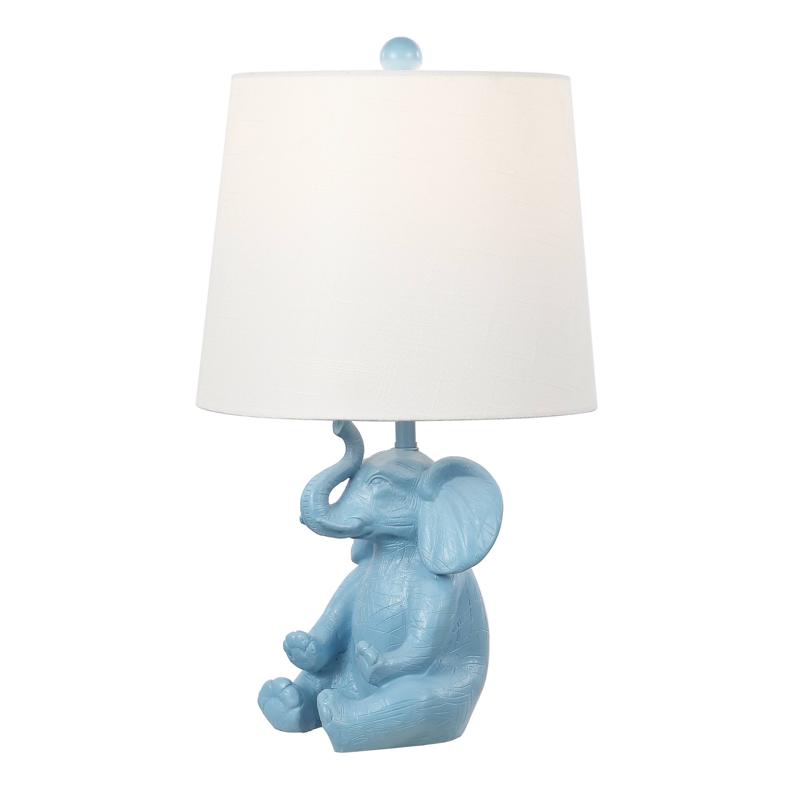 Front. Jonathan Y - Kairi 21" Modern Shabby Chic Resin/Iron Happy Elephant LED Kids' Table Lamp with Phone Stand, Blue.