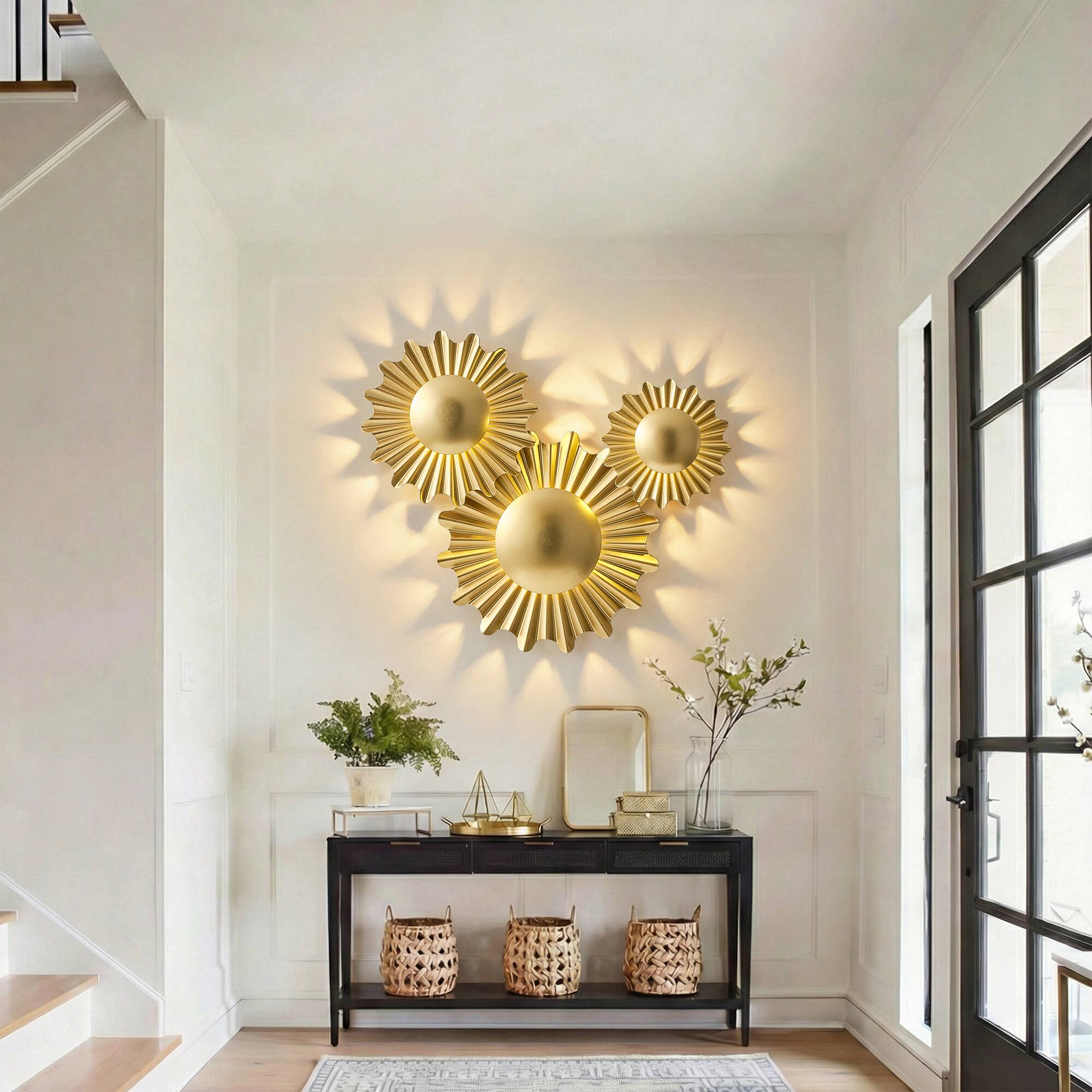 Angle. Vaczon - 3-Light Integrated LED Sunburst Flush-Mounted Modern Vanity Light Fixture Wall Sconce for Bedroom and Entryway - Gold.