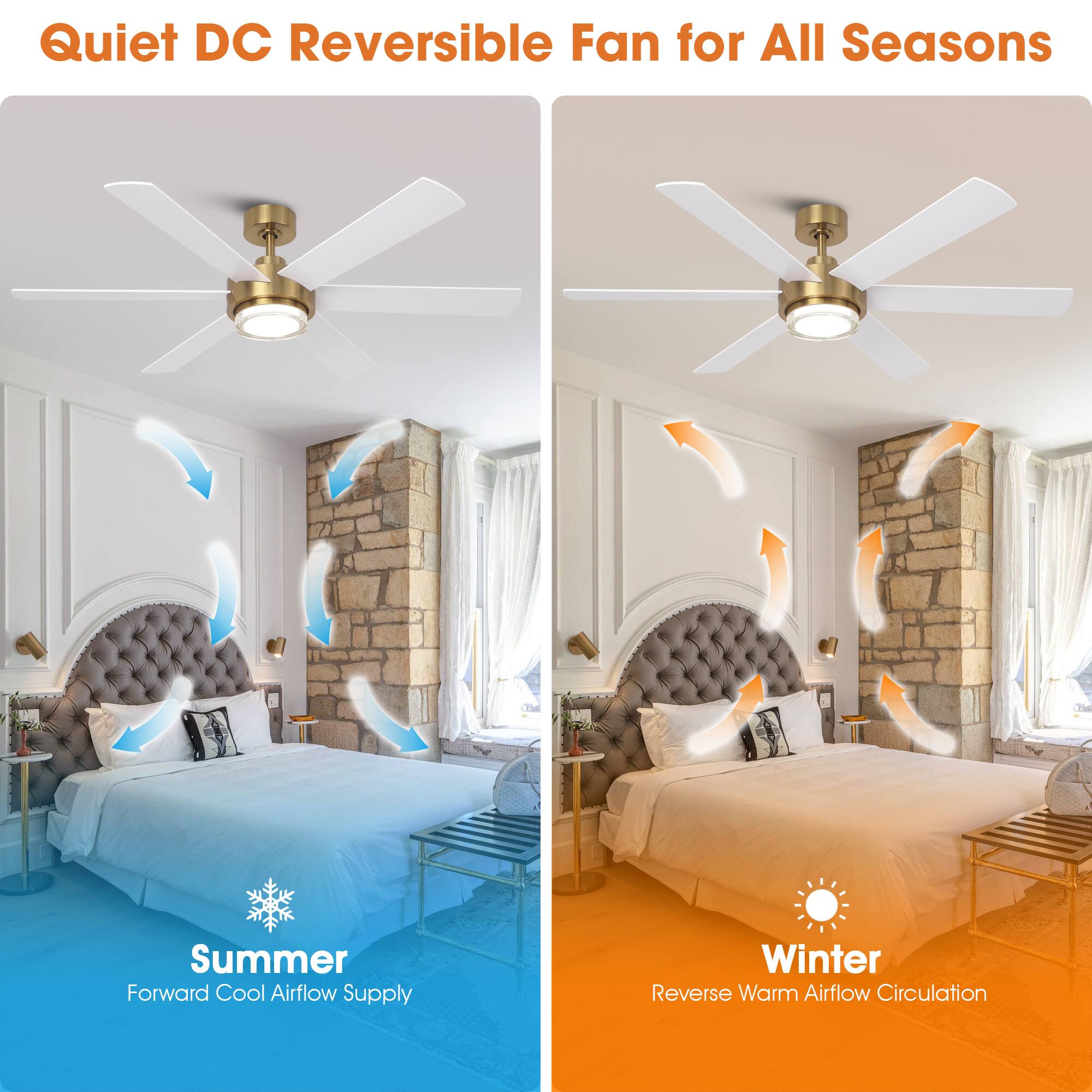 Quiet DC Reversible Fan for All Seasons

Summer  
Forward Cool Airflow Supply

Winter  
Reverse Warm Airflow Circulation