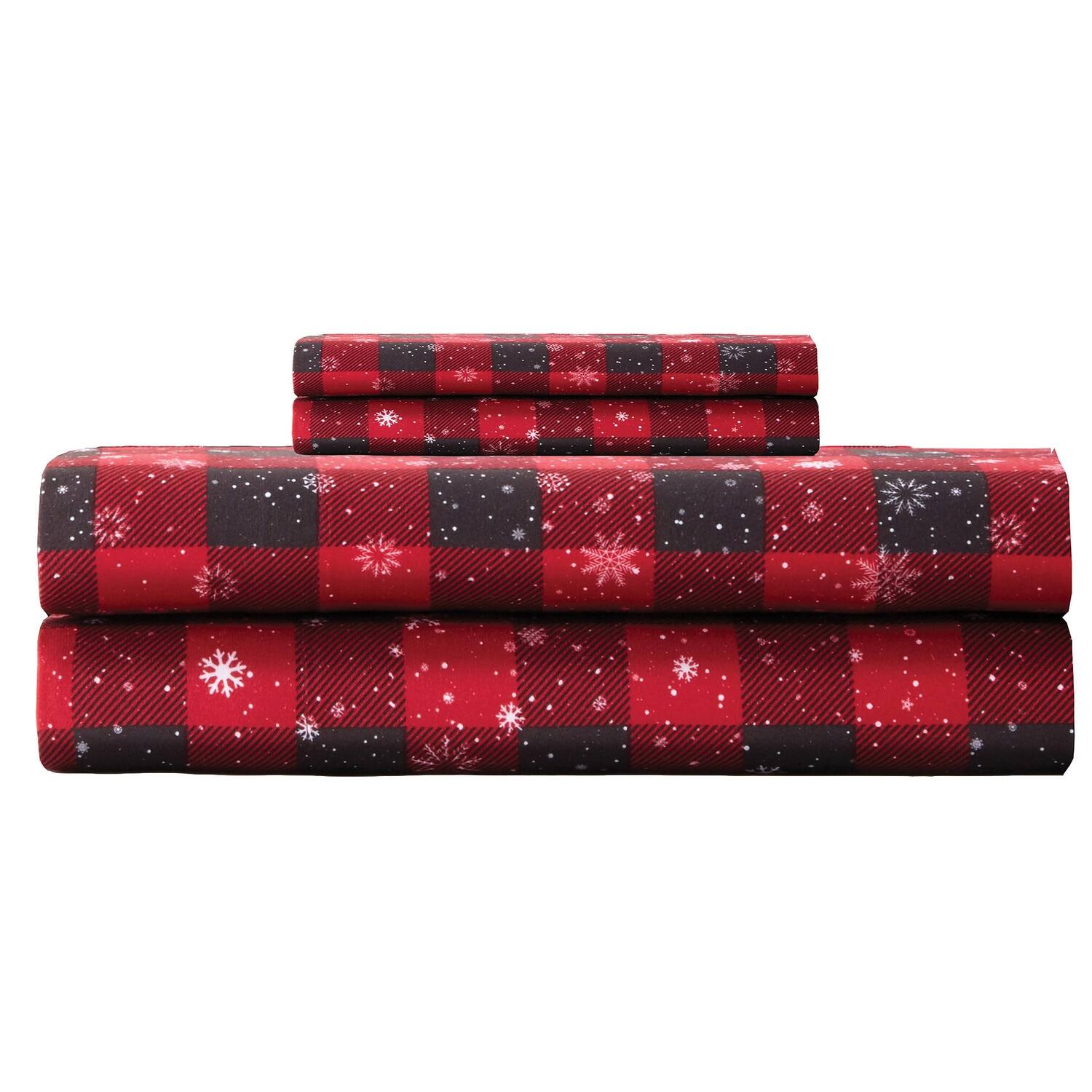 Back. Shavel Home Products - Shavel 100% Polyester Luxury Micro Flannel Printed Deep-Pocket Buffalo Check Snowflakes Sheet Set King Red - Red.