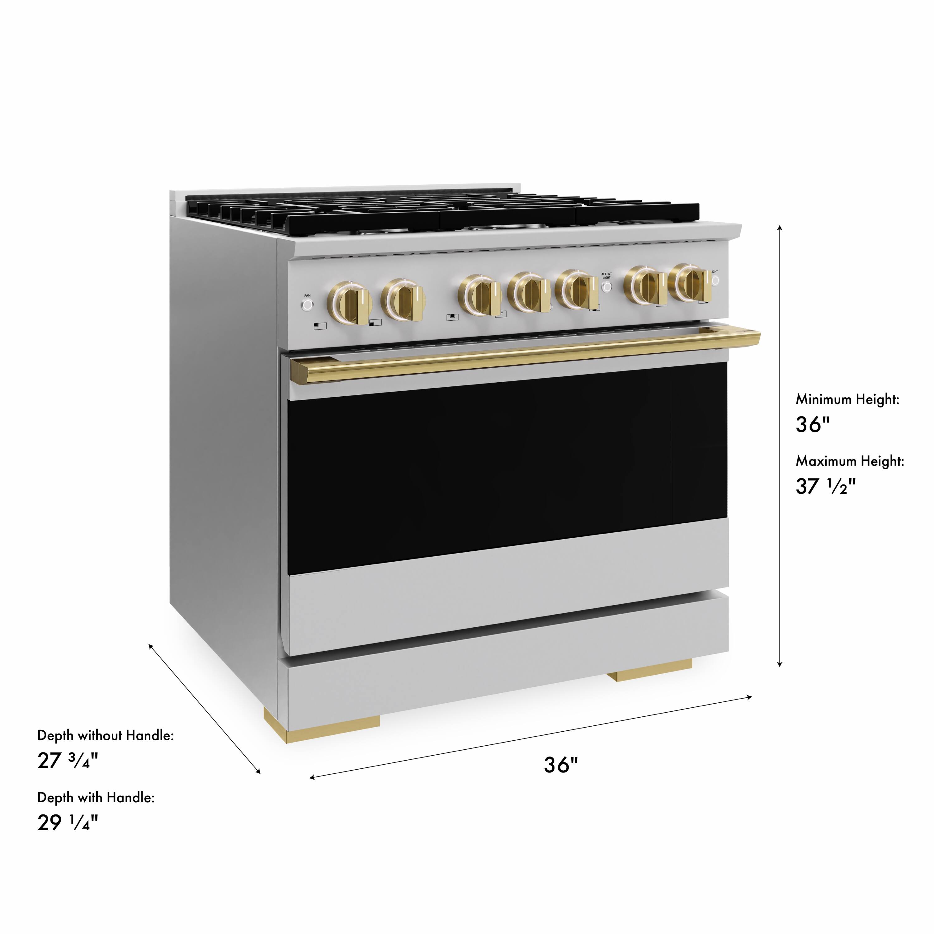 Minimum Height: 36"  
Maximum Height: 37 1/2"  
Depth without Handle: 27 3/4"  
Depth with Handle: 29 1/4"