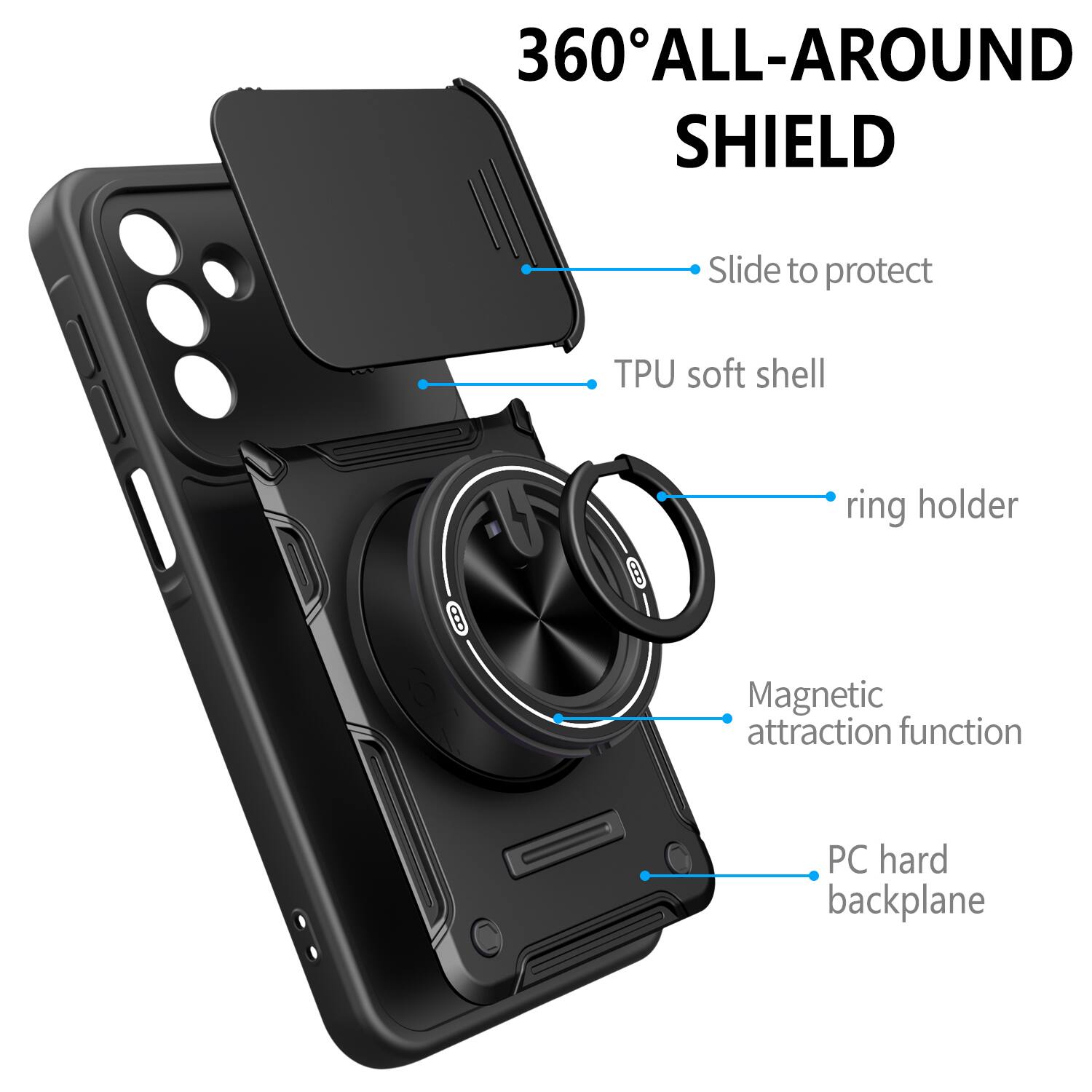 360° ALL-AROUND SHIELD

- Slide to protect
- TPU soft shell
- ring holder
- Magnetic attraction function
- PC hard backplane