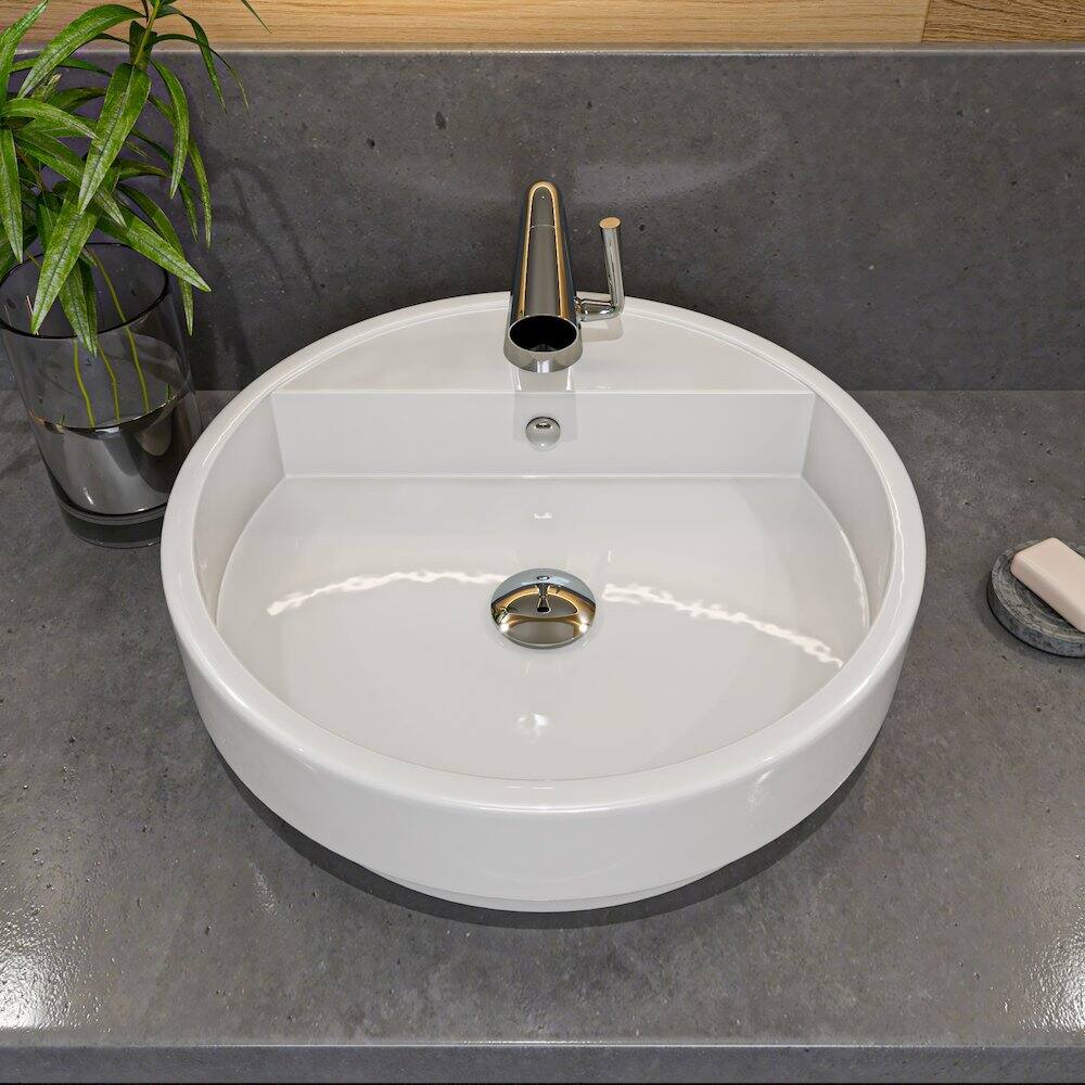 Left. Alfi - White 19" Round Semi Recessed Ceramic Sink with Faucet Hole - White.