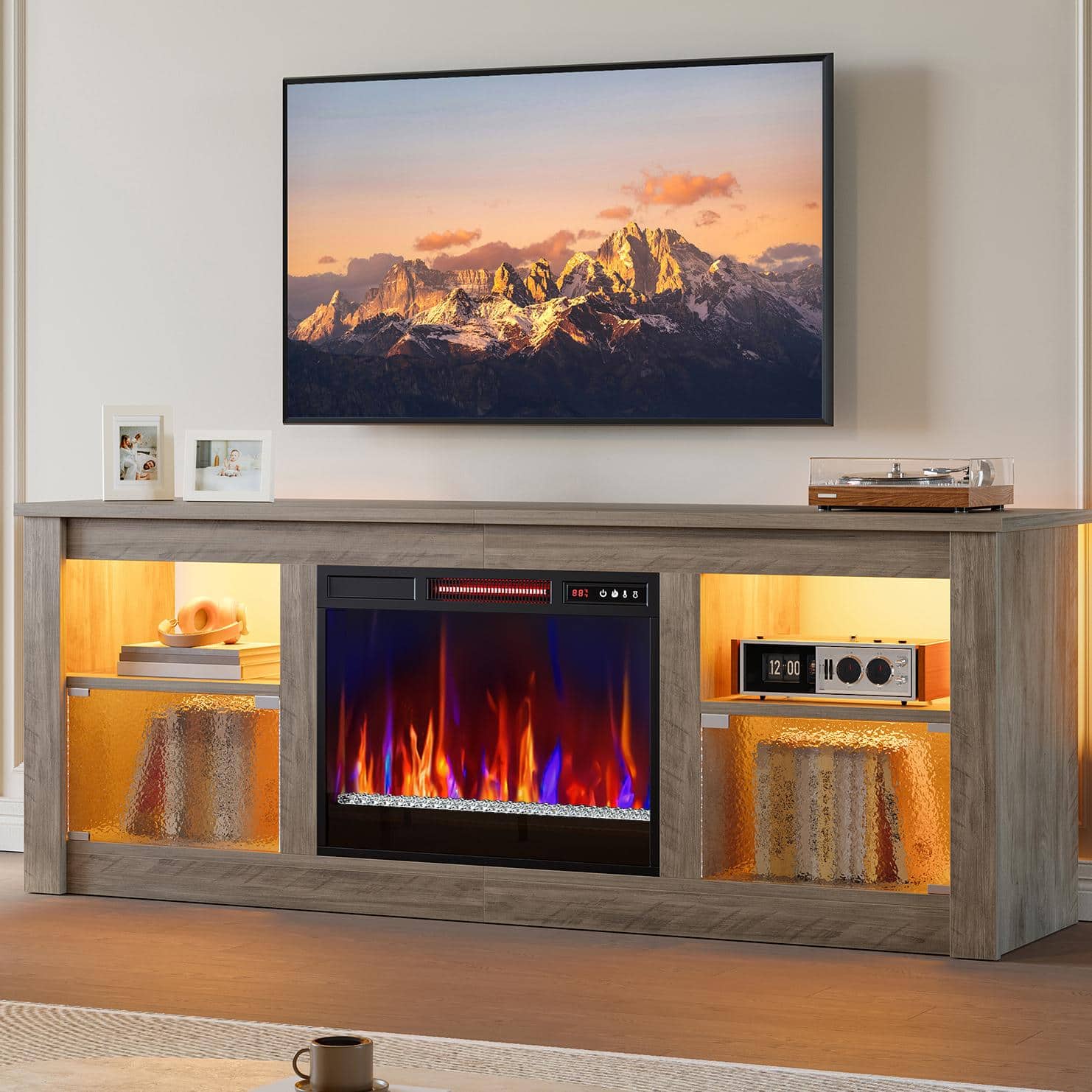 Front. Bestier - 63" Gaming TV Stand with 23" Wide Fireplace & RGB Lights Storage Cabinet for up to 70" TVs Entertainment Center - Gray.