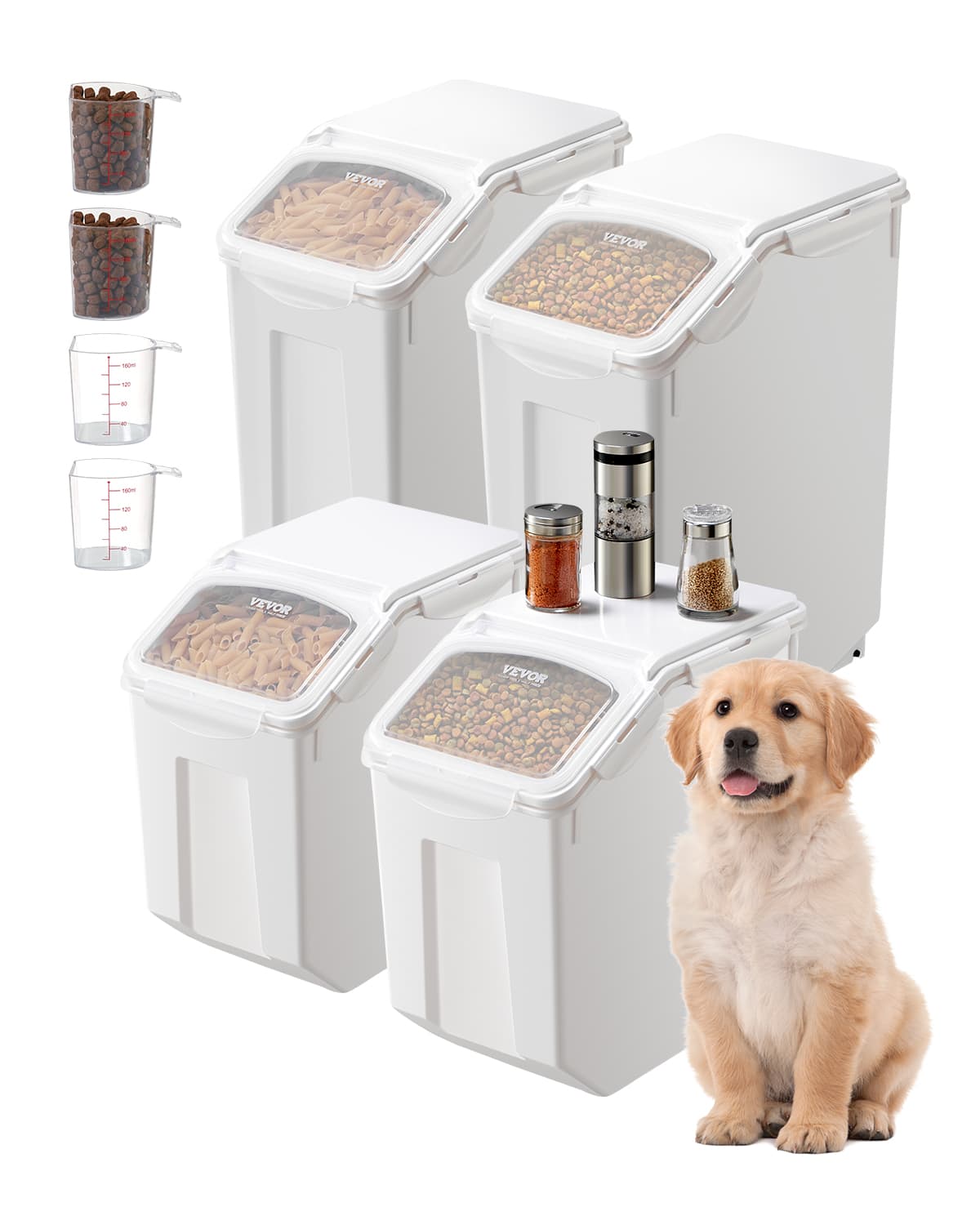 VEVOR - Rice Storage Container, 3.5Gal/15Lx2 + 4.5Gal/20Lx2 Large Dog Food Dispenser Bin, Kitchen Ingredient Grain Cereal Bin - White
