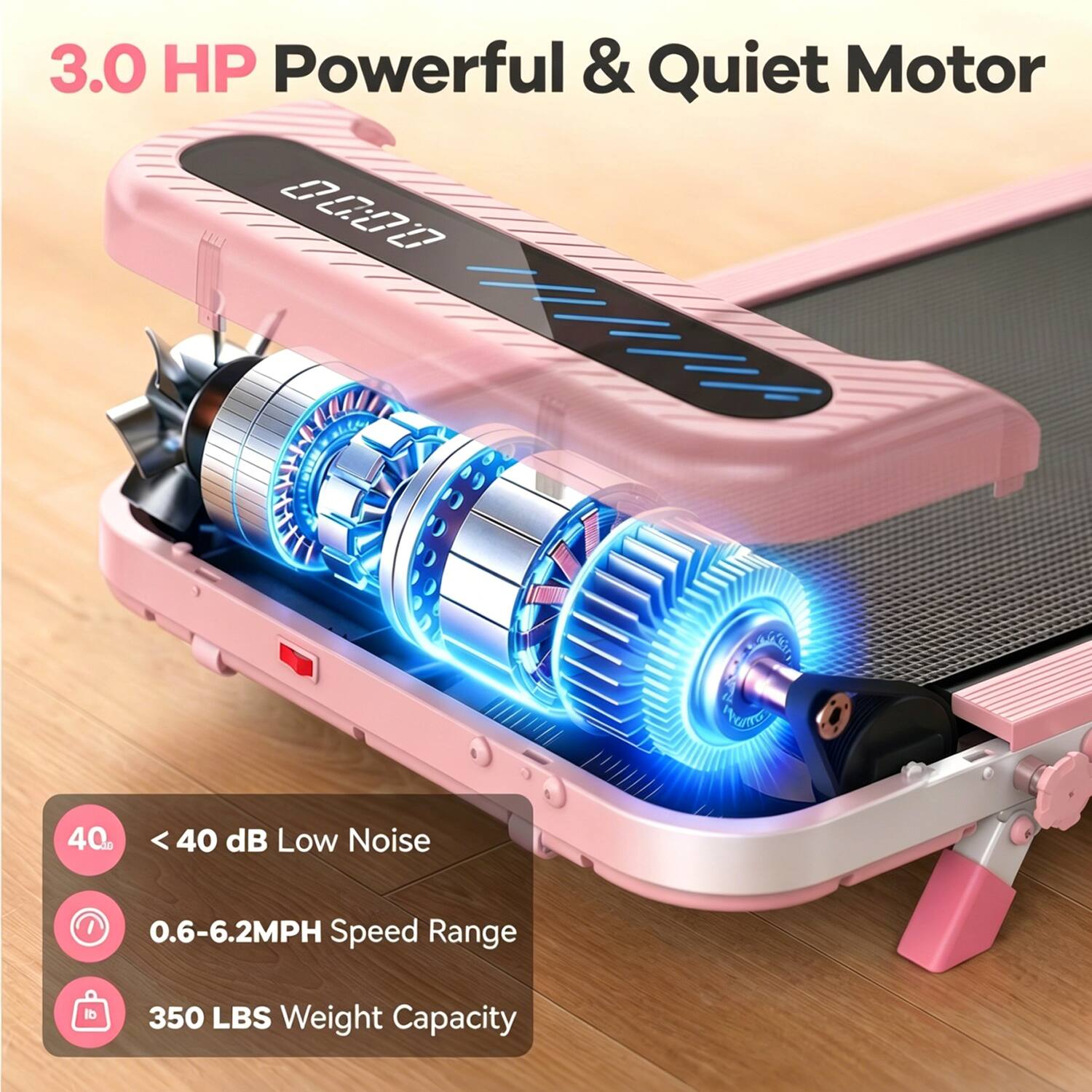 3.0 HP Powerful & Quiet Motor

<40 dB Low Noise

0.6-6.2MPH Speed Range

350 LBS Weight Capacity