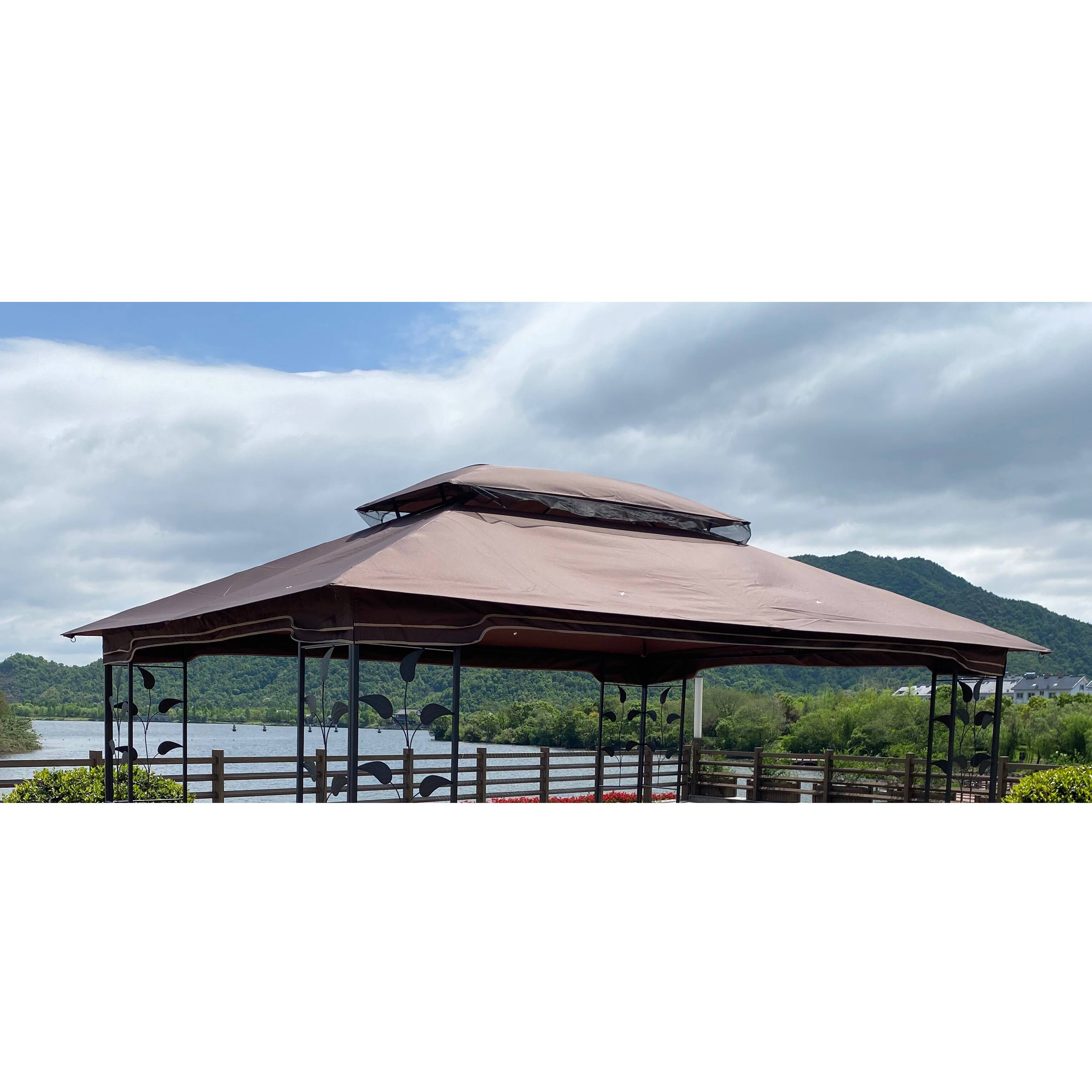 Left. APRILSOUL - 13x10 Ft Patio Double Roof Gazebo Replacement Canopy Top Fabric Brown.