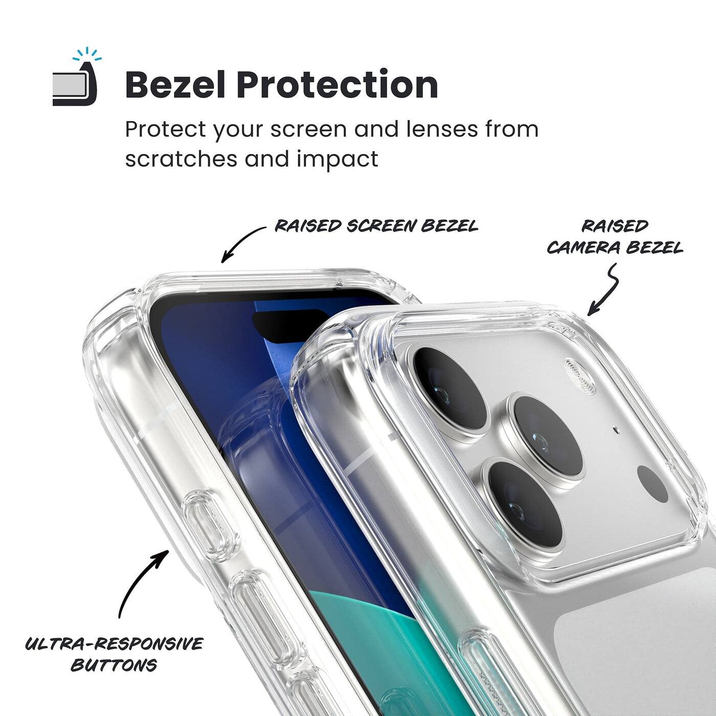 Bezel Protection  
Protect your screen and lenses from scratches and impact  

- RAISED SCREEN BEZEL  
- RAISED CAMERA BEZEL  
- ULTRA-RESPONSIVE BUTTONS