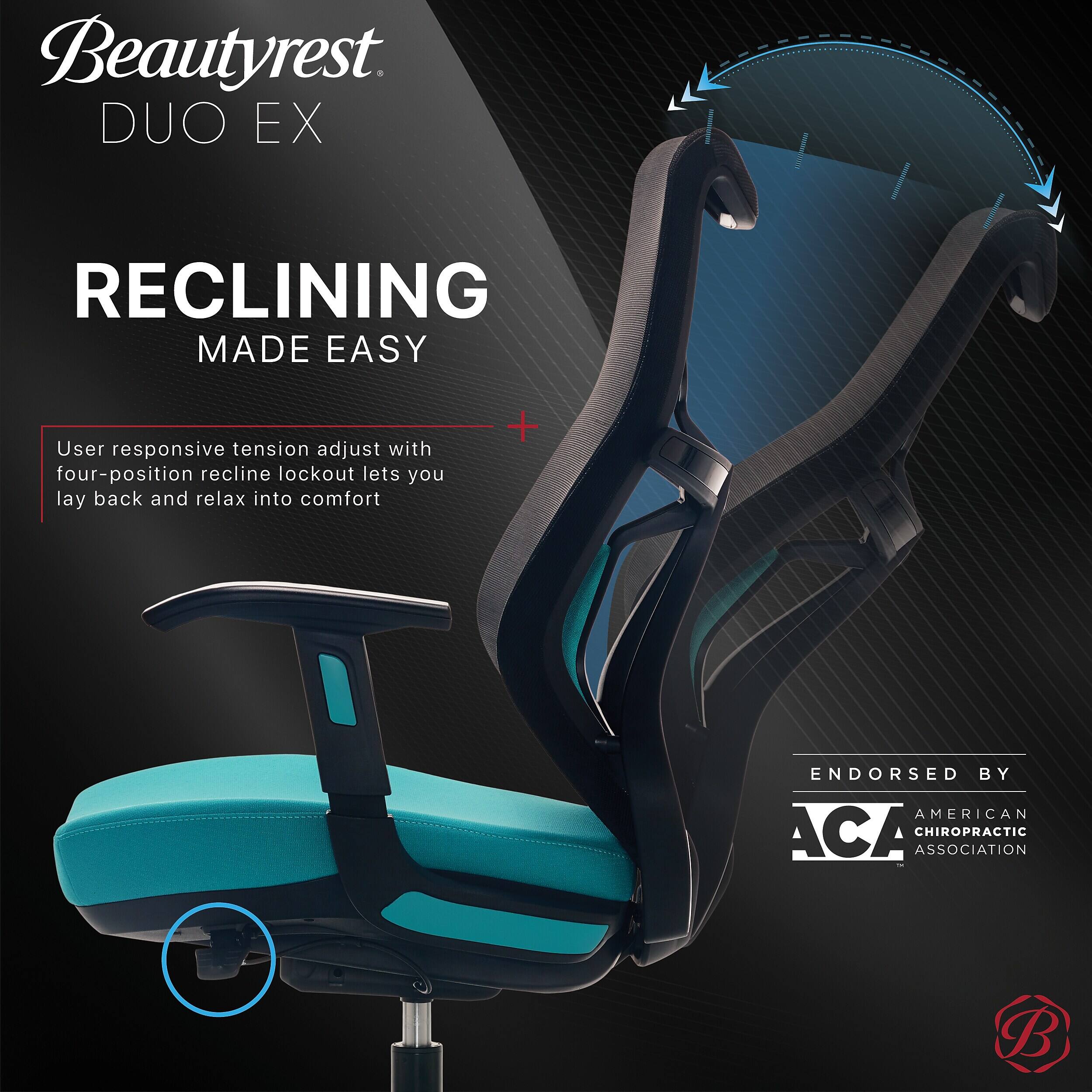 Beautyrest DUO EX  
RECLINING MADE EASY  

User responsive tension adjust with four-position recline lockout lets you lay back and relax into comfort  

ENDORSED BY AMERICAN CHIROPRACTIC ASSOCIATION
