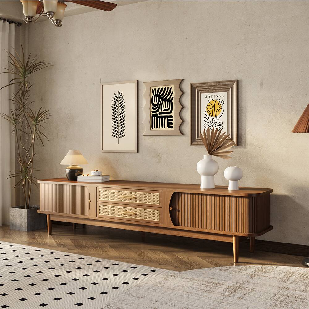 Front. POVISON - 78.74" Mid-Century Woven Rattan TV Stand, Fluted TV Stand, Walnut Color TV Console with Storage,Perfect for 75-in TVs - Walnut Color.
