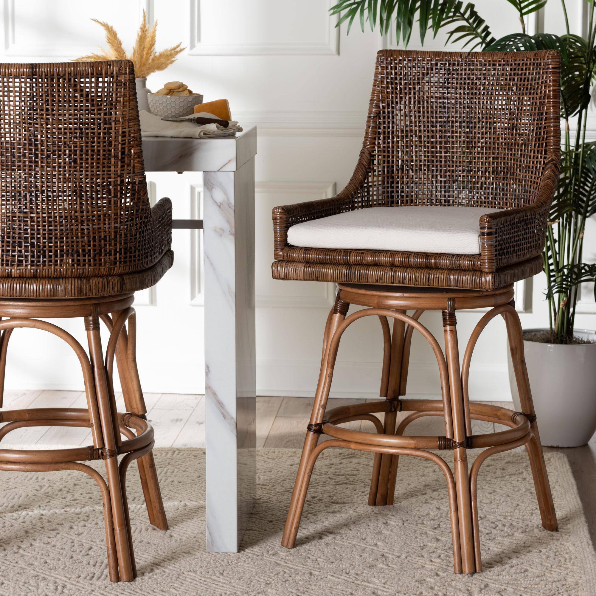 Alt View 4. bali & pari - Bella Swivel Rattan Bar Stool with Cushion - Handwoven Wicker Bar Chair with Backrest and Footrest - Coffee Bean.