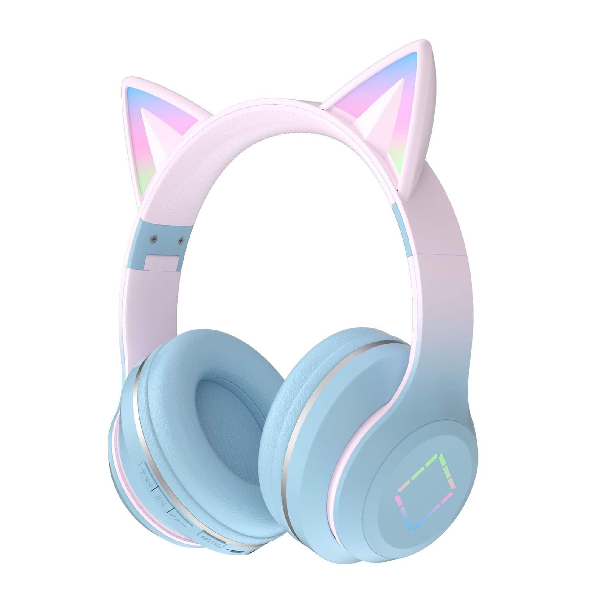YONWAY - Cat Ear LED Light Up Wireless Headphones, Foldable Bluetooth Headset with Mic, Ultra-Long Battery Life for Kids