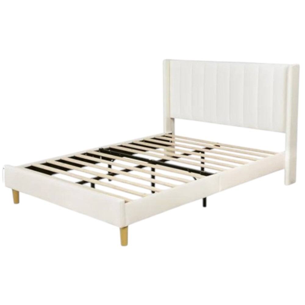 Front. Hivvago - Queen Mid-Century Platform Bed Frame with Cream Velvet Upholstered Headboard - Cream.