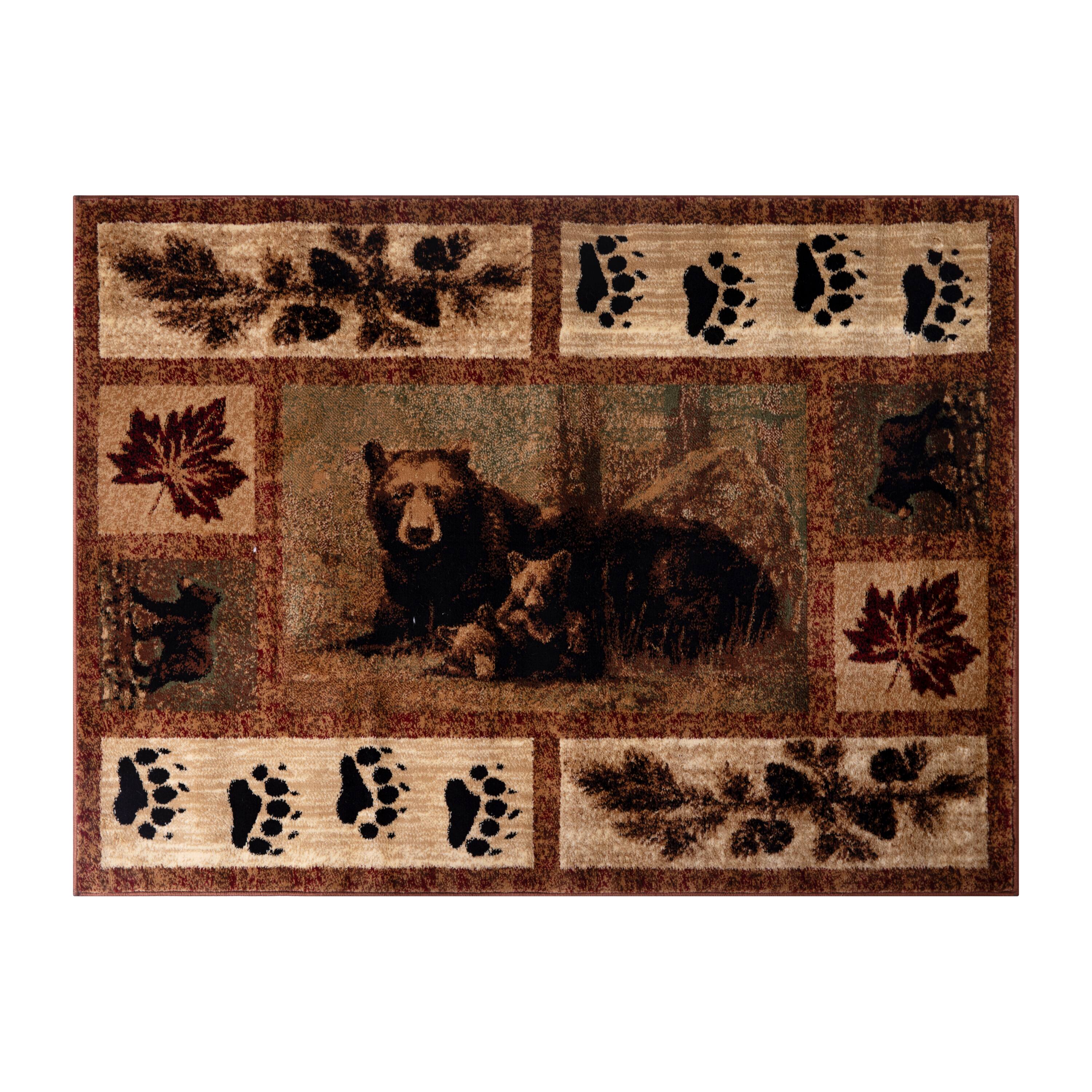 Alt View 1. Emma + Oliver - Juneau Accent Rug with Mother Brown Bear and 2 Cubs Nature Scene and Leaf and Bear Track Detailing for Home, Cabin or RV - Brown.