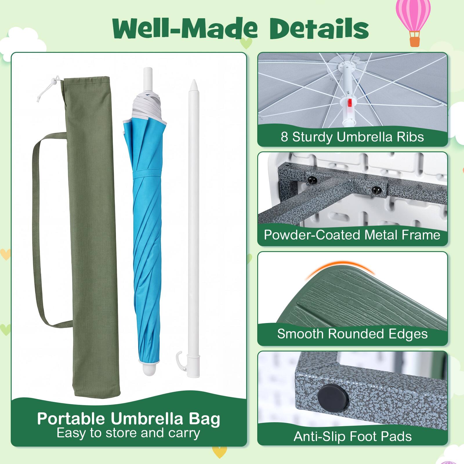 Well-Made Details

- 8 Sturdy Umbrella Ribs
- Powder-Coated Metal Frame
- Smooth Rounded Edges
- Anti-Slip Foot Pads

Portable Umbrella Bag
Easy to store and carry