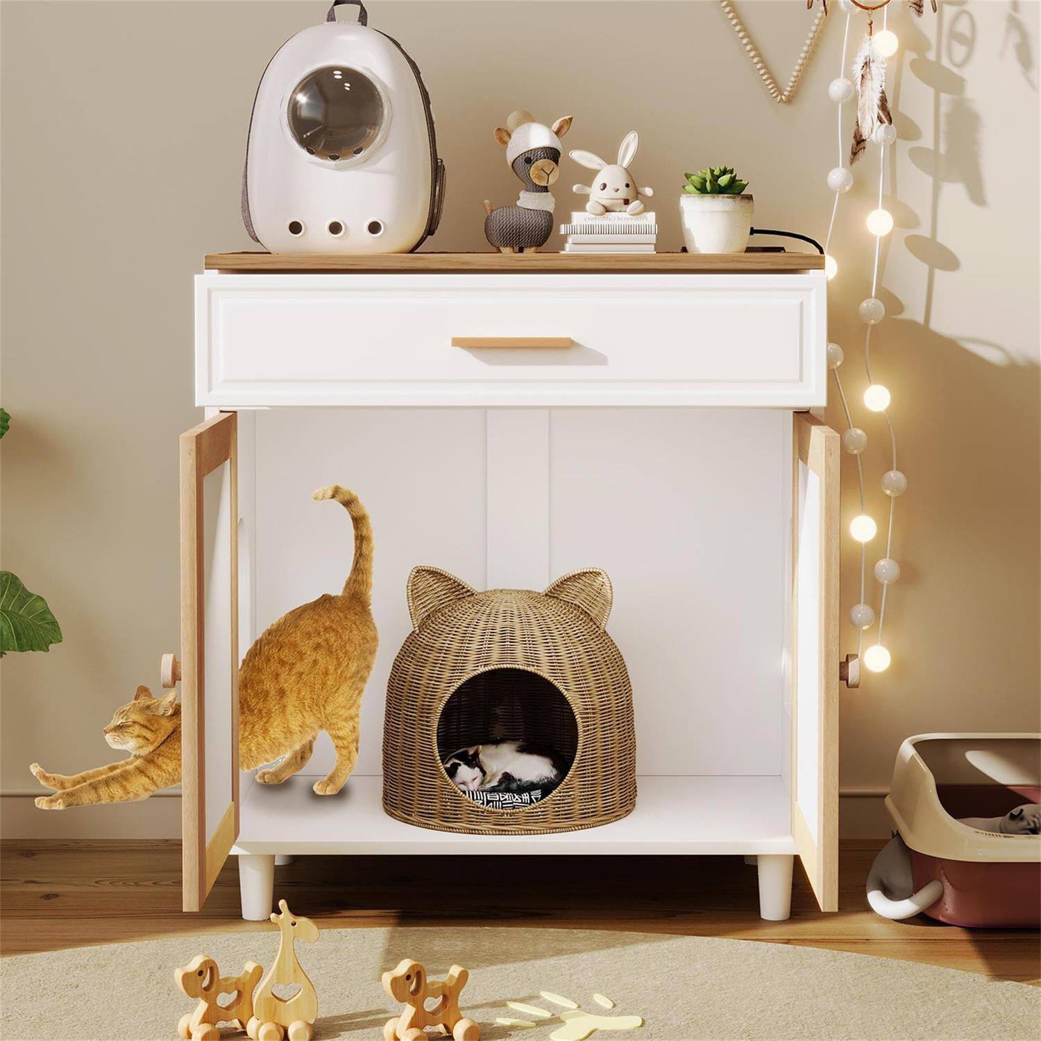Alt View 1. Pefilos - 31" Cat Litter Box Enclosure with Scratching, Modern Cat House and Storage Side Table for Indoor Cats.