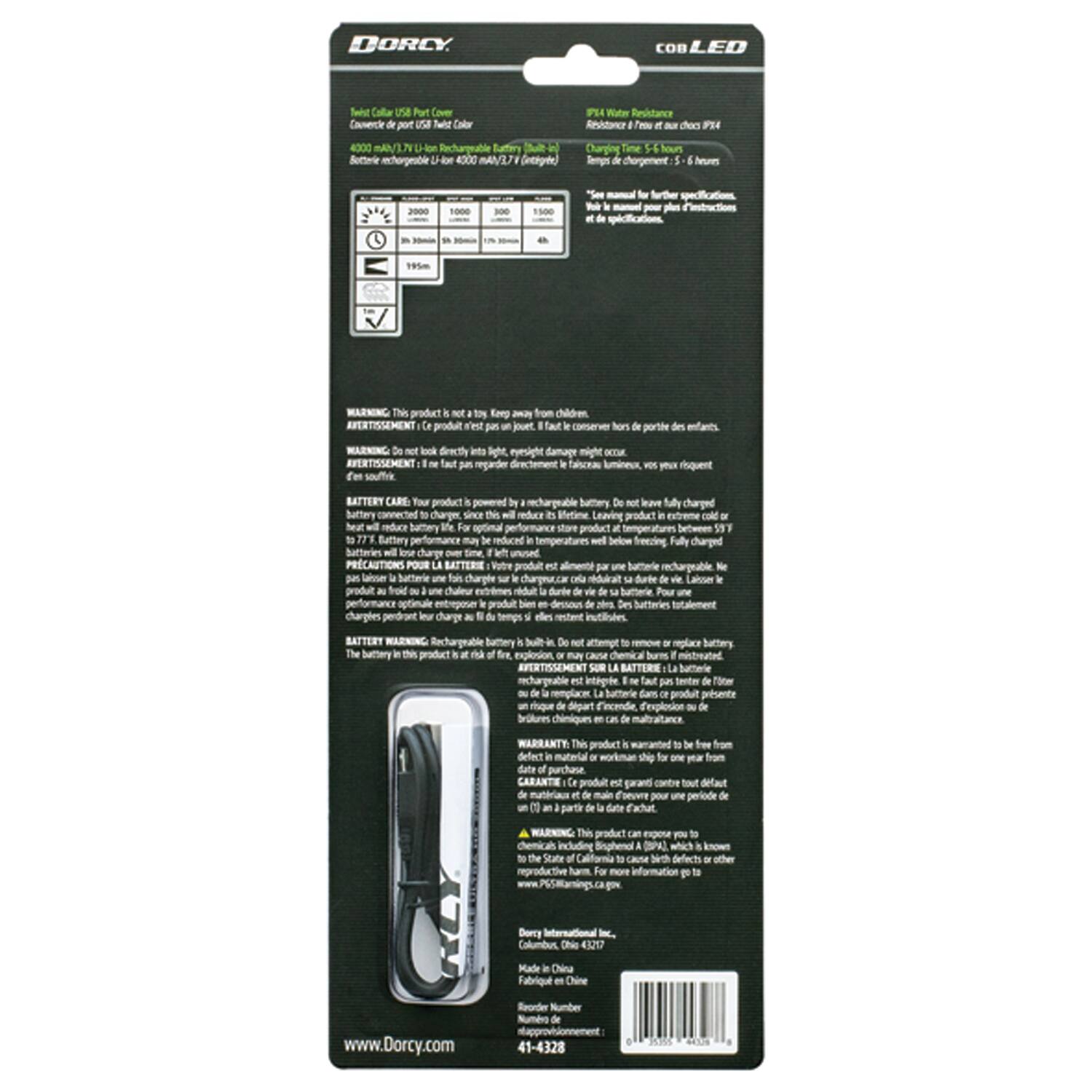 DORCY COB LED Twist Collar una Part Cover Covercle port Talst Cokor Water Resistance Rnsidoncr Peou doa FH 4300 mAN UHbe Rechargeable Battery Sottwie echorgeoble be 4000 MAMI Gecagde Charging Time Semgs corgement Neures 2000 1000 1500 "See - further pler 195m MARNING Thi product Kmnp - from children AMERTISSEMENT produit a'iest jouet faut canserver hor portte nfant MARWING kock denty into light nmight damage Sgle  AVERTISSEMENT faut regarder directement falscau lumineux, I'm soufrk -a riquent BATTERY CARS Your product echargeable battery leave M charged battery carge Since reduca Metine Leaving product cold heat reduce battery optimal stare product 1 Buattery below freezing Faly charged battwies charge PRCAUTIONS POUR batterie Laloum chargle redulrat durte Lakuer produit durde Pour aptimale entropose produit bien am Des butteries totalement charples charge temps oe nest