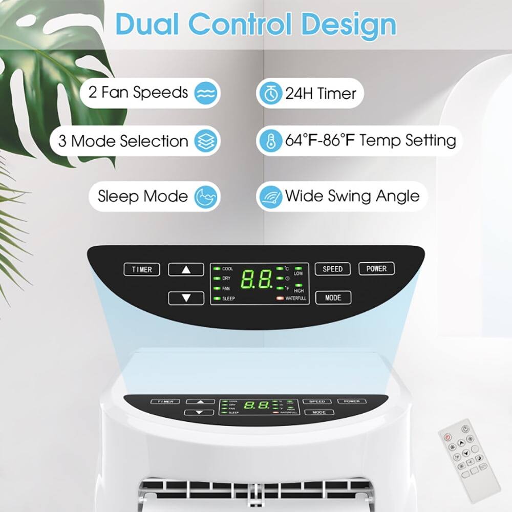 Dual Control Design  
2 Fan Speeds  
24H Timer  
3 Mode Selection  
64°F-86°F Temp Setting  
Sleep Mode  
Wide Swing Angle  

TIMER  
COOL  
DRY  
FAN  
SLEEP  
SPEED  
POWER  
MODE  

8.8  
LOW  
HIGH  
WATERFALL