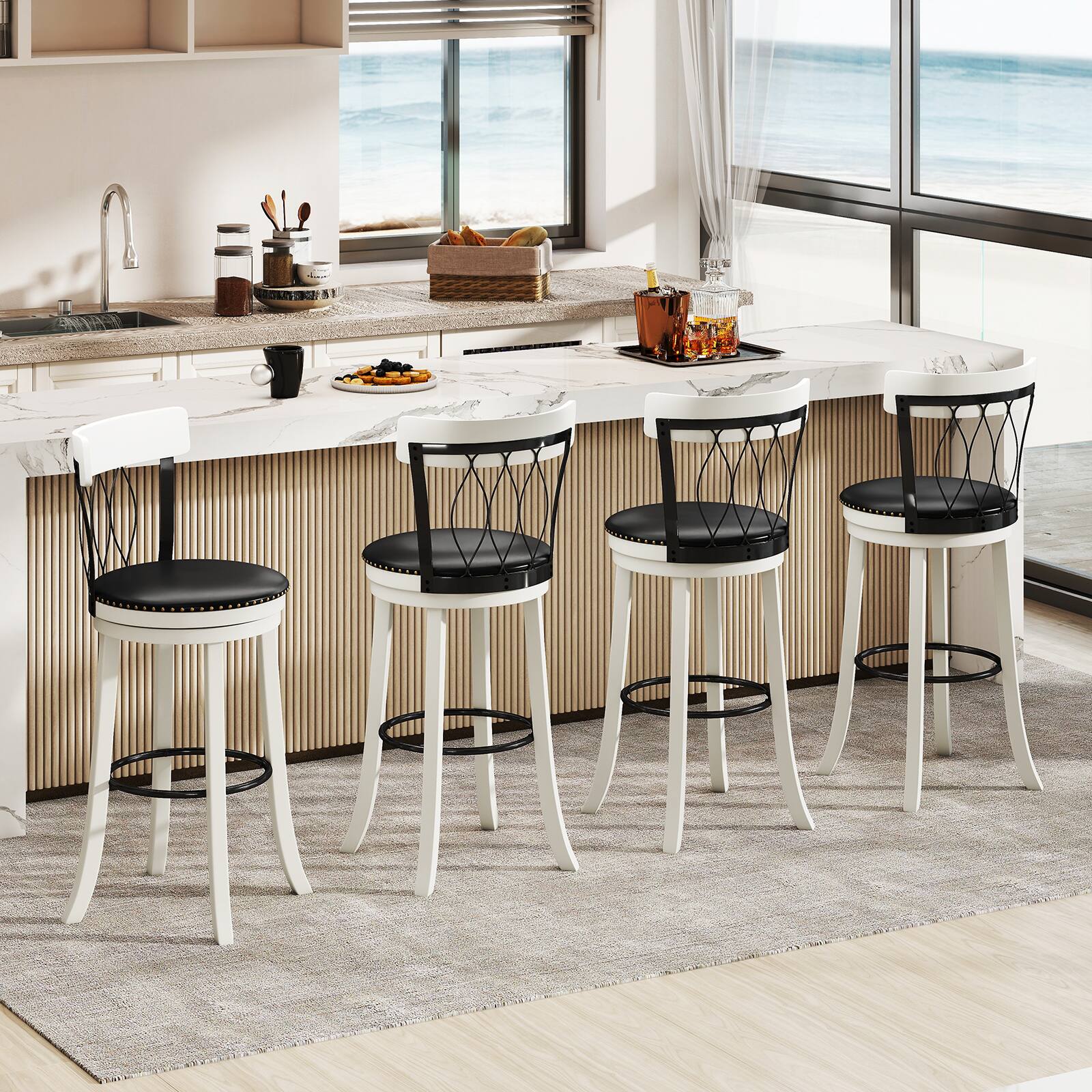 Alt View 3. Gymax - Gymax 29'' Set of 4 Bar Stools w/ Footrest Rubber Wood Frame & Tufted Rivets - Black.