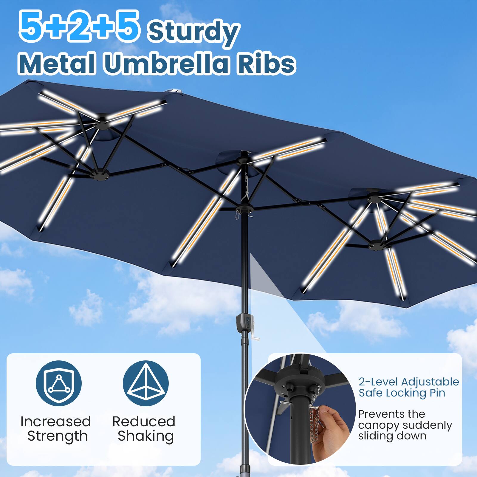 5+2+5 Sturdy Metal Umbrella Ribs

2-Level Adjustable Safe Locking Pin

Increased Strength, Reduced Shaking

Prevents the canopy from suddenly sliding down