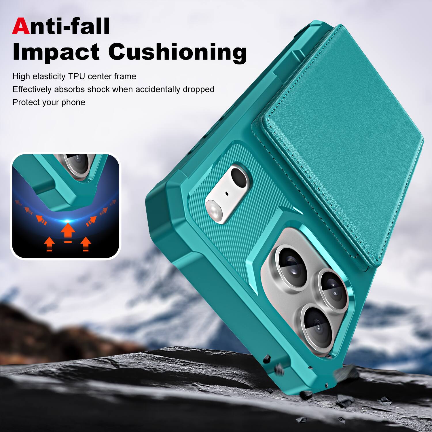 Anti-fall Impact Cushioning

High elasticity TPU center frame  
Effectively absorbs shock when accidentally dropped  
Protect your phone