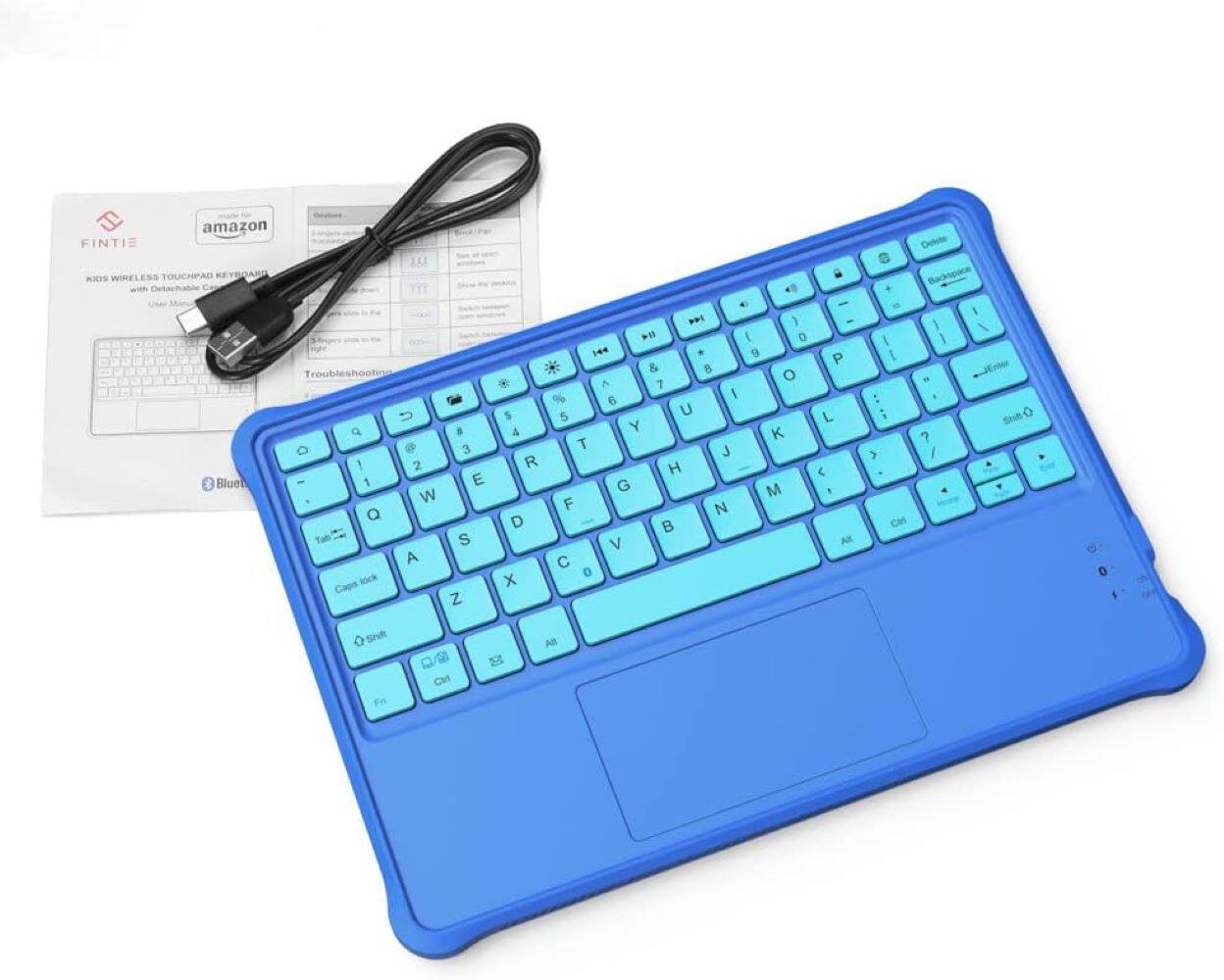 Amazon Fintie Wireless Touchpad Keyboard with Blue Backlit Keys and Troubleshooting Guide.