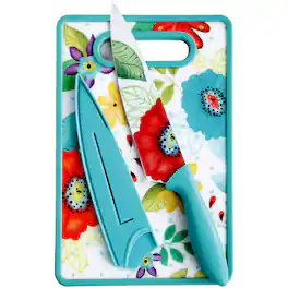 Studio California - Jordana 3 Piece Cutlery Knife and Cutting Board Set Pattern - Turquoise Floral