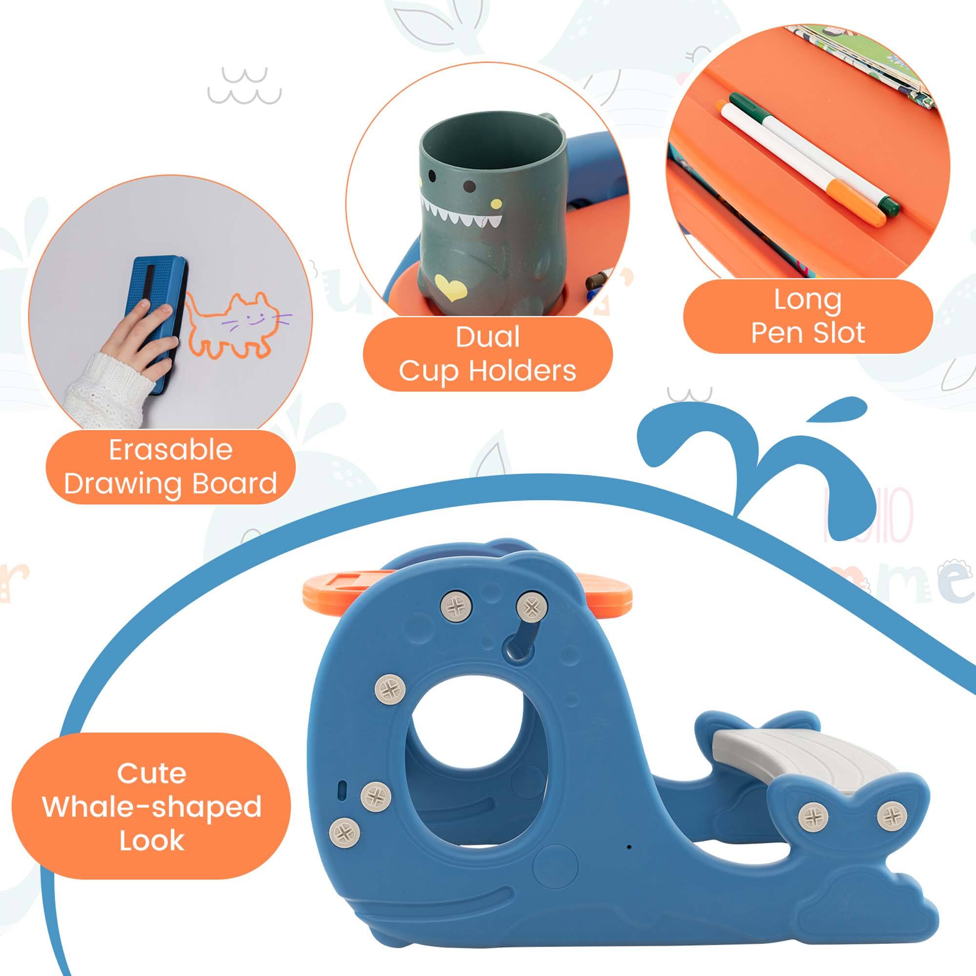 The text on the image can be grouped and corrected as follows:

1. Dual Cup Holders
2. Long Pen Slot
3. Erasable Drawing Board
4. Cute Whale-shaped Look

The image features a variety of children's toys, including a blue whale-shaped toy, a drawing board, and a cup holder. The toys are designed to be fun and engaging for children, providing them with a variety of activities to enjoy.