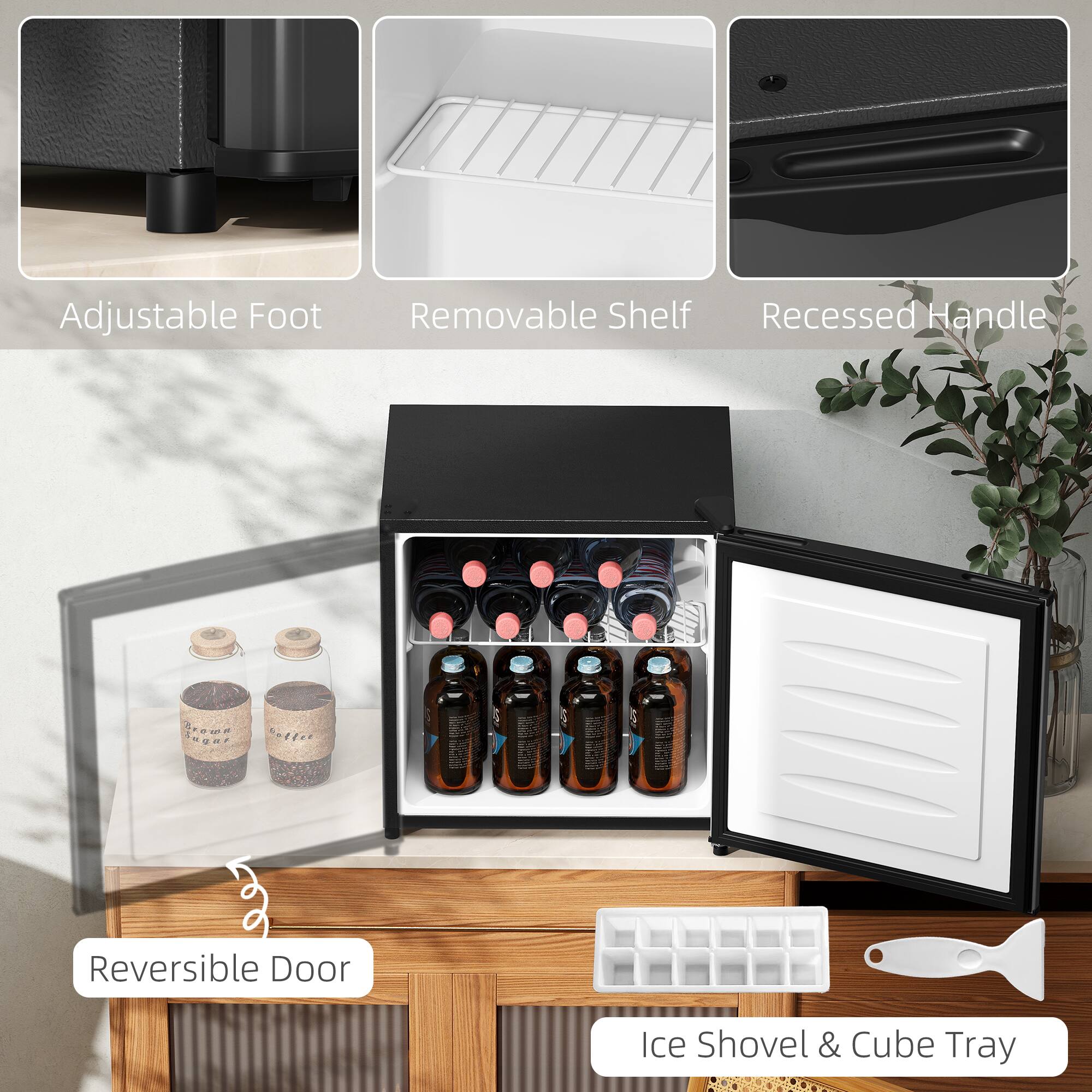 Adjustable Foot  
Removable Shelf  
Recessed Handle  
Brown Coffee  
Reversible Door  
Ice Shovel & Cube Tray