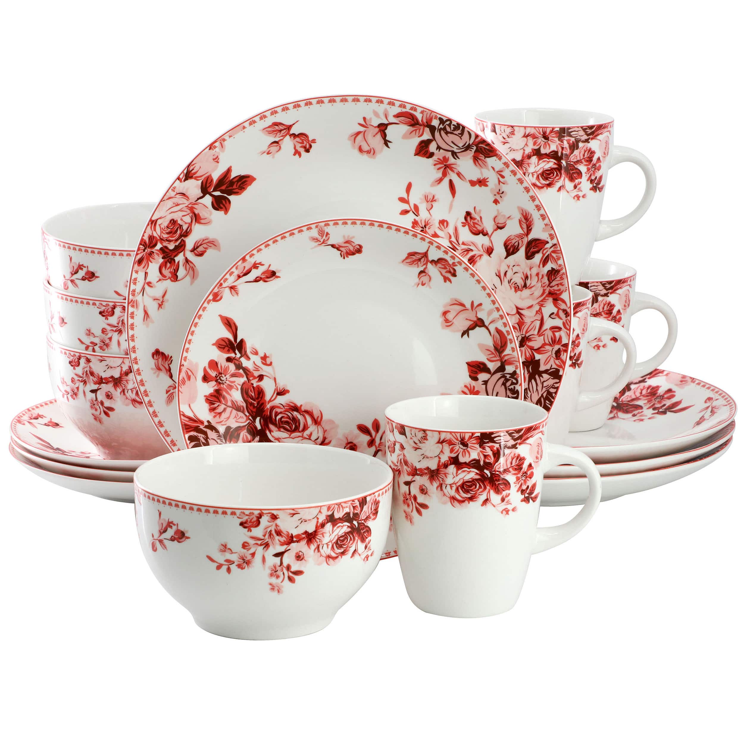 Elama - Traditional Red Rose 16 Piece Stoneware Dinnerware Set - White and Red