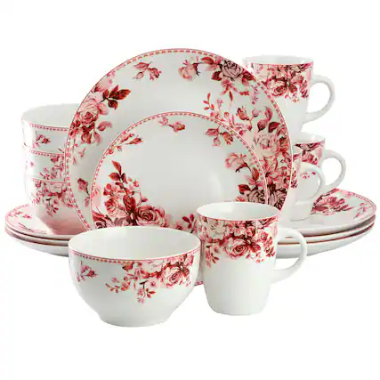 Front. Elama - Elama Traditional Red Rose 16 Piece Stoneware Dinnerware Set - White and Red.