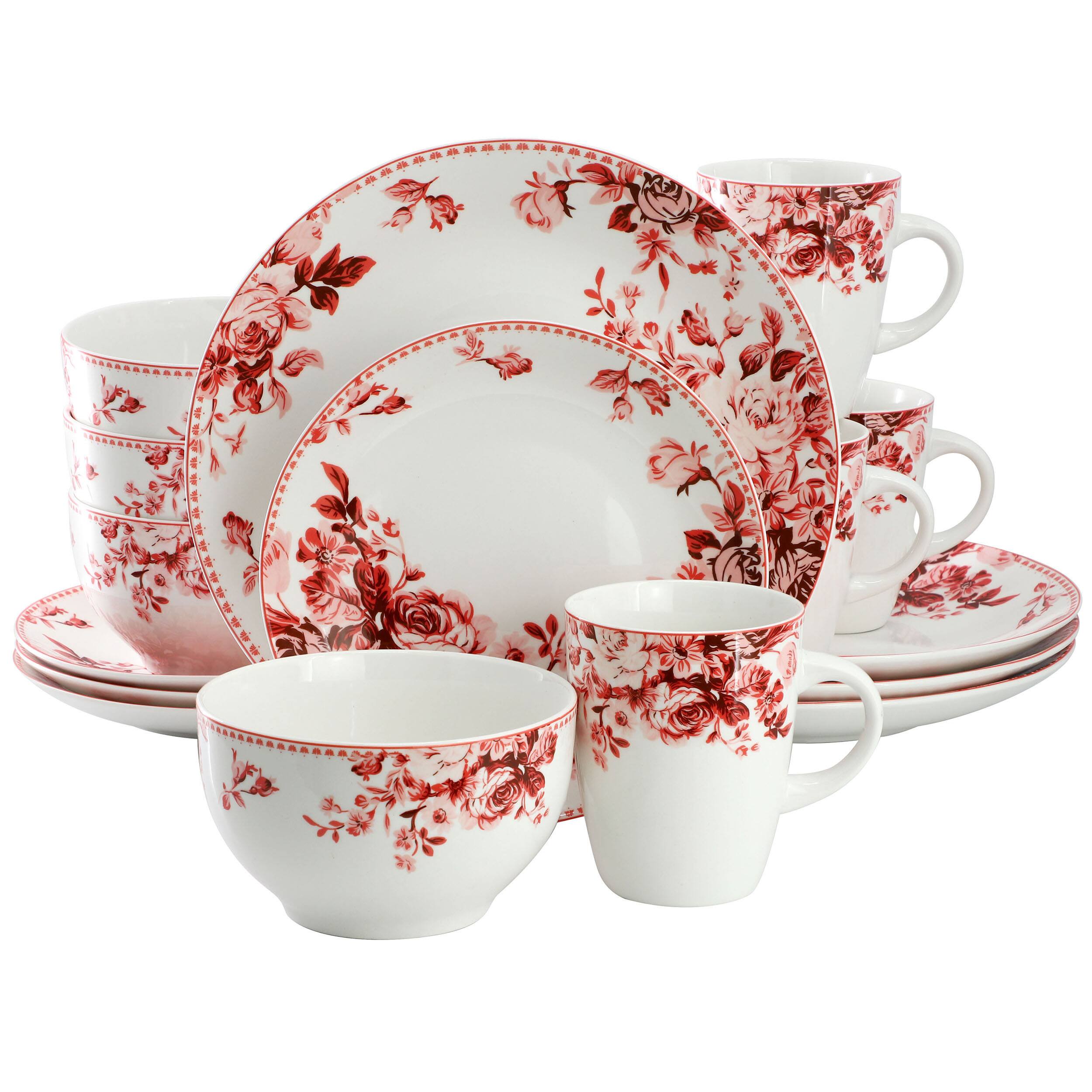 Front. Elama - Elama Traditional Red Rose 16 Piece Stoneware Dinnerware Set - White and Red.