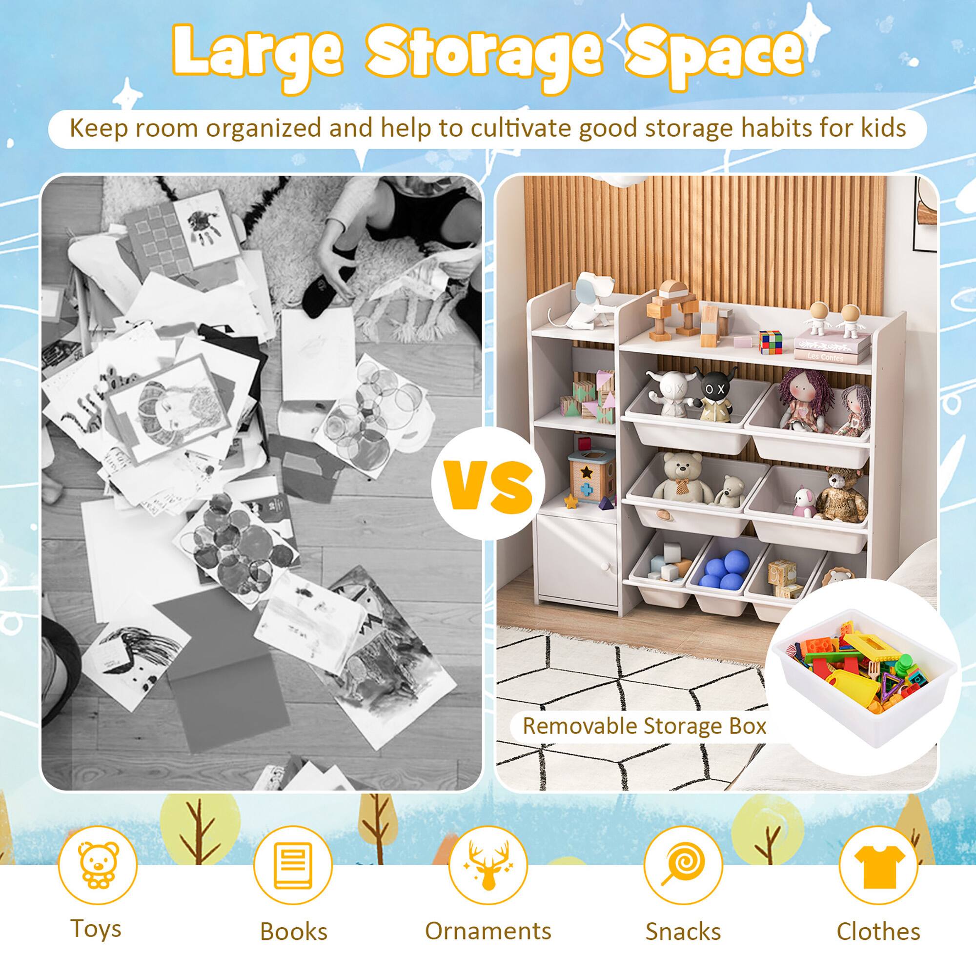 Large Storage Space, Keep room organized and help to cultivate good storage habits for kids, Toys, Books, Ornaments, Snacks, Clothes, Removable Storage Box