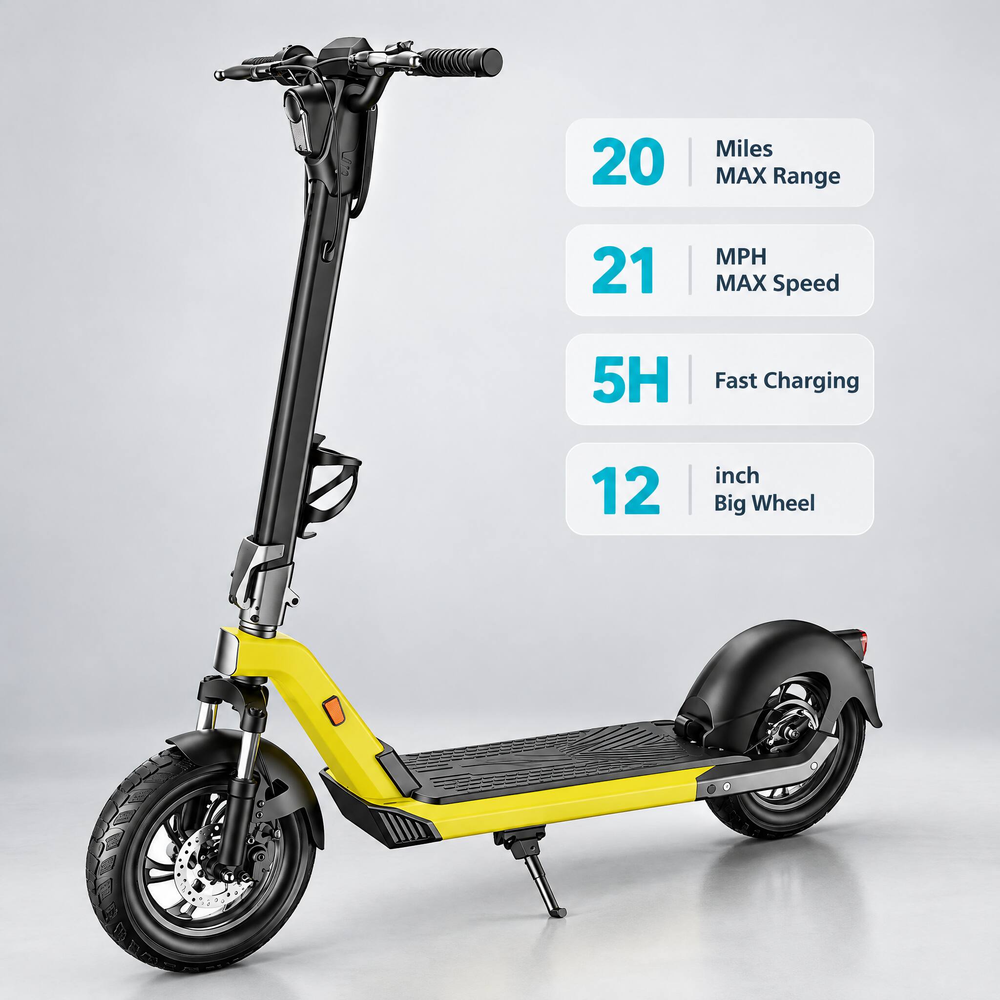 20 Miles MAX Range  
21 MPH MAX Speed  
5H Fast Charging  
12 inch Big Wheel